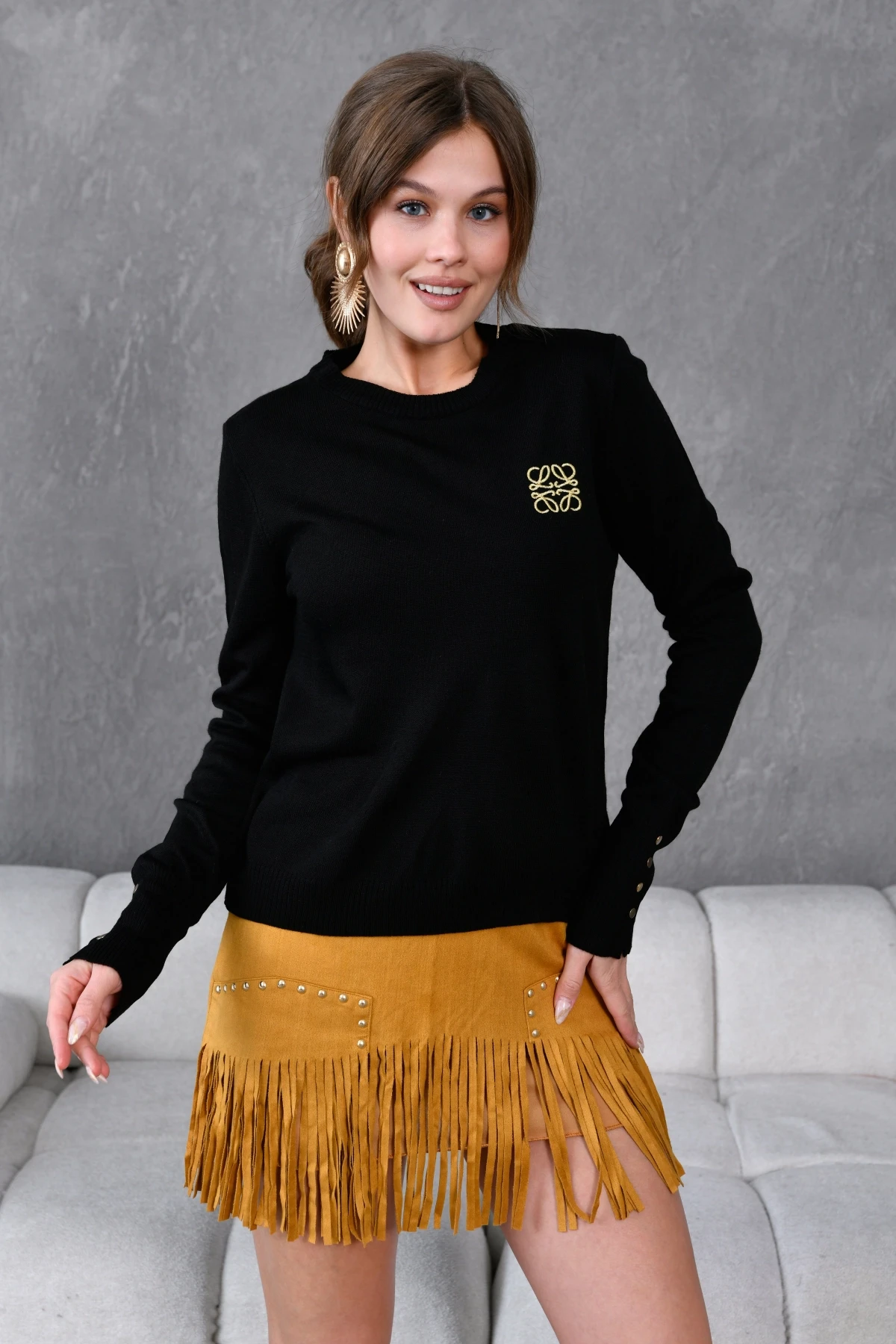 Kadın Bisiklet Yaka  Fitilli Süs Düğmeli Basic Triko  Kazak 224294