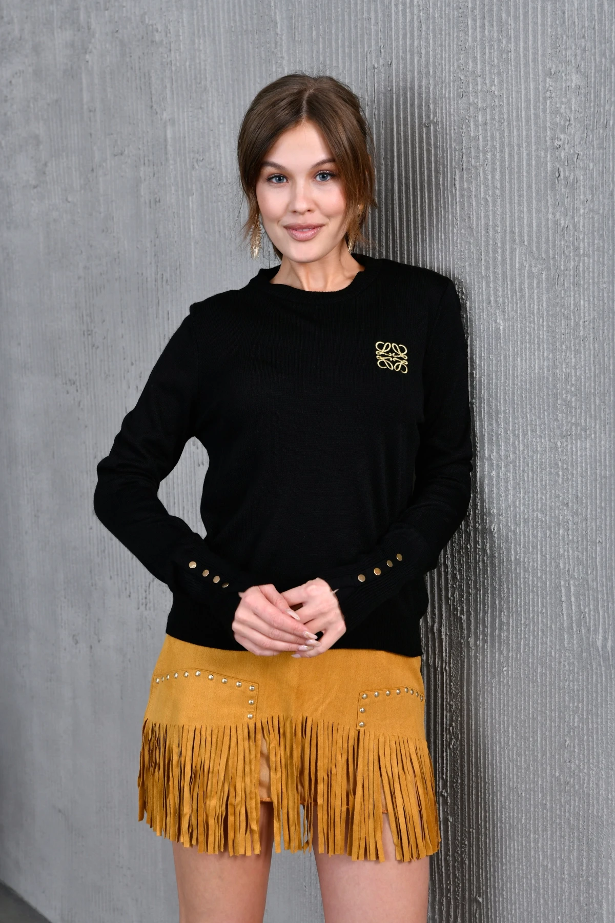 Kadın Bisiklet Yaka  Fitilli Süs Düğmeli Basic Triko  Kazak 224294