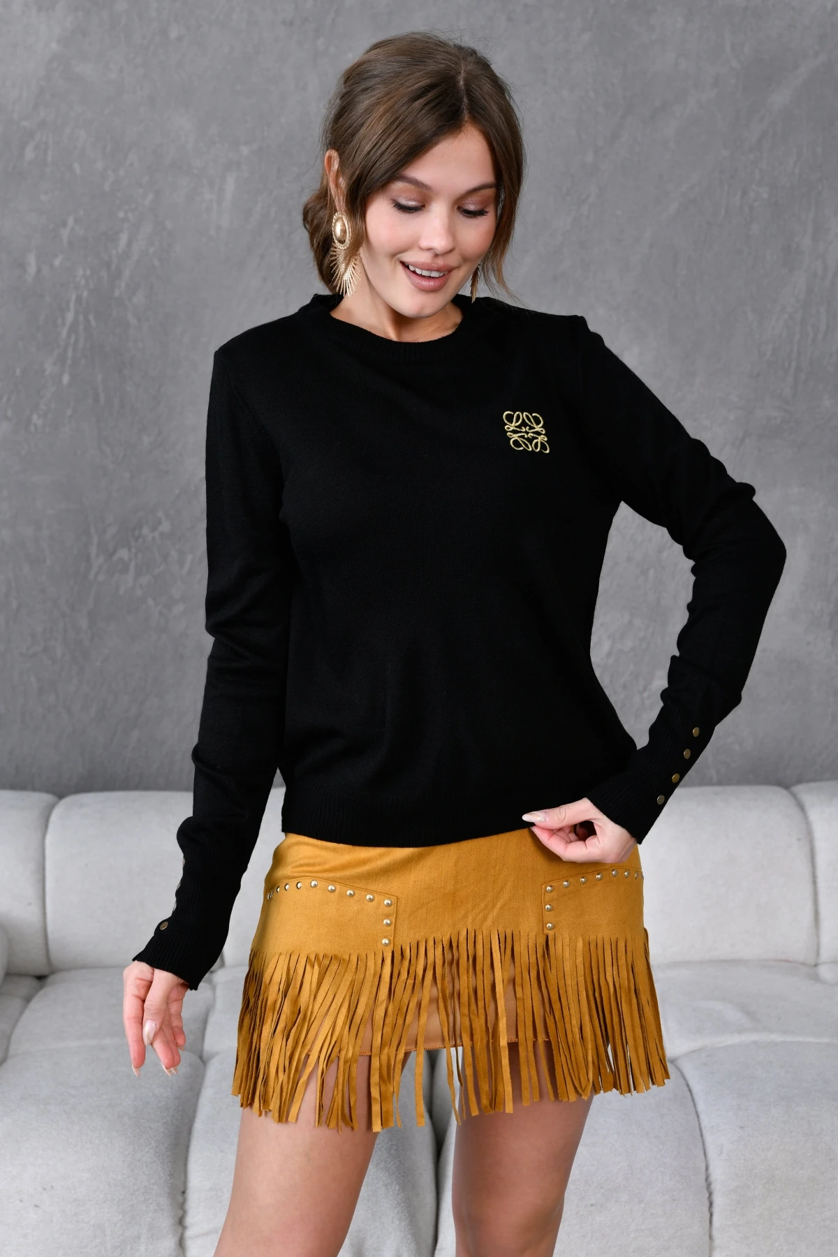 Kadın Bisiklet Yaka  Fitilli Süs Düğmeli Basic Triko  Kazak 224294