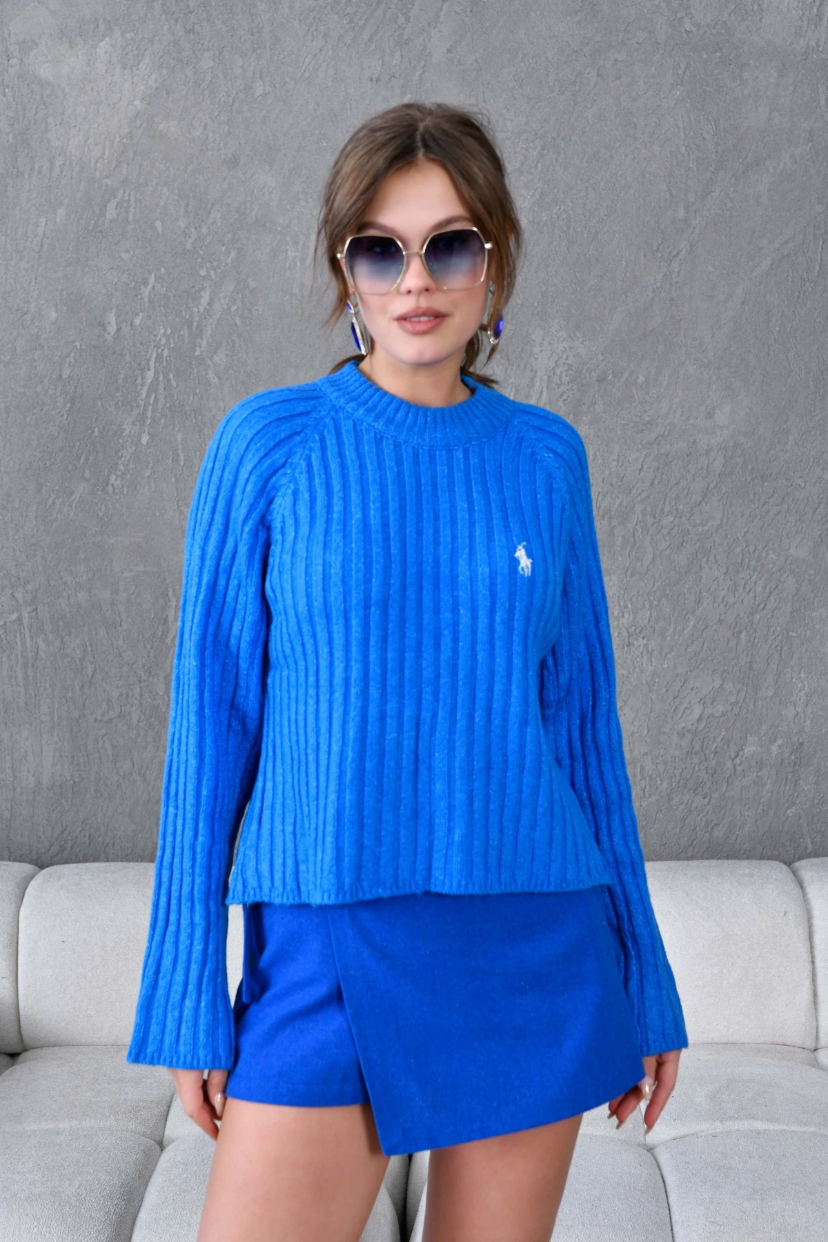 Kadın Bisiklet Yaka Fitilli Triko Kazak 8138Sw