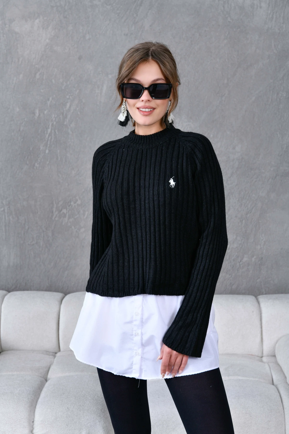 Kadın Bisiklet Yaka Fitilli Triko Kazak 8138Sw