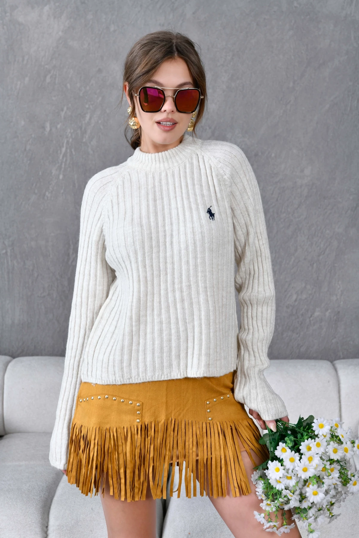 Kadın Bisiklet Yaka Fitilli Triko Kazak 8138Sw