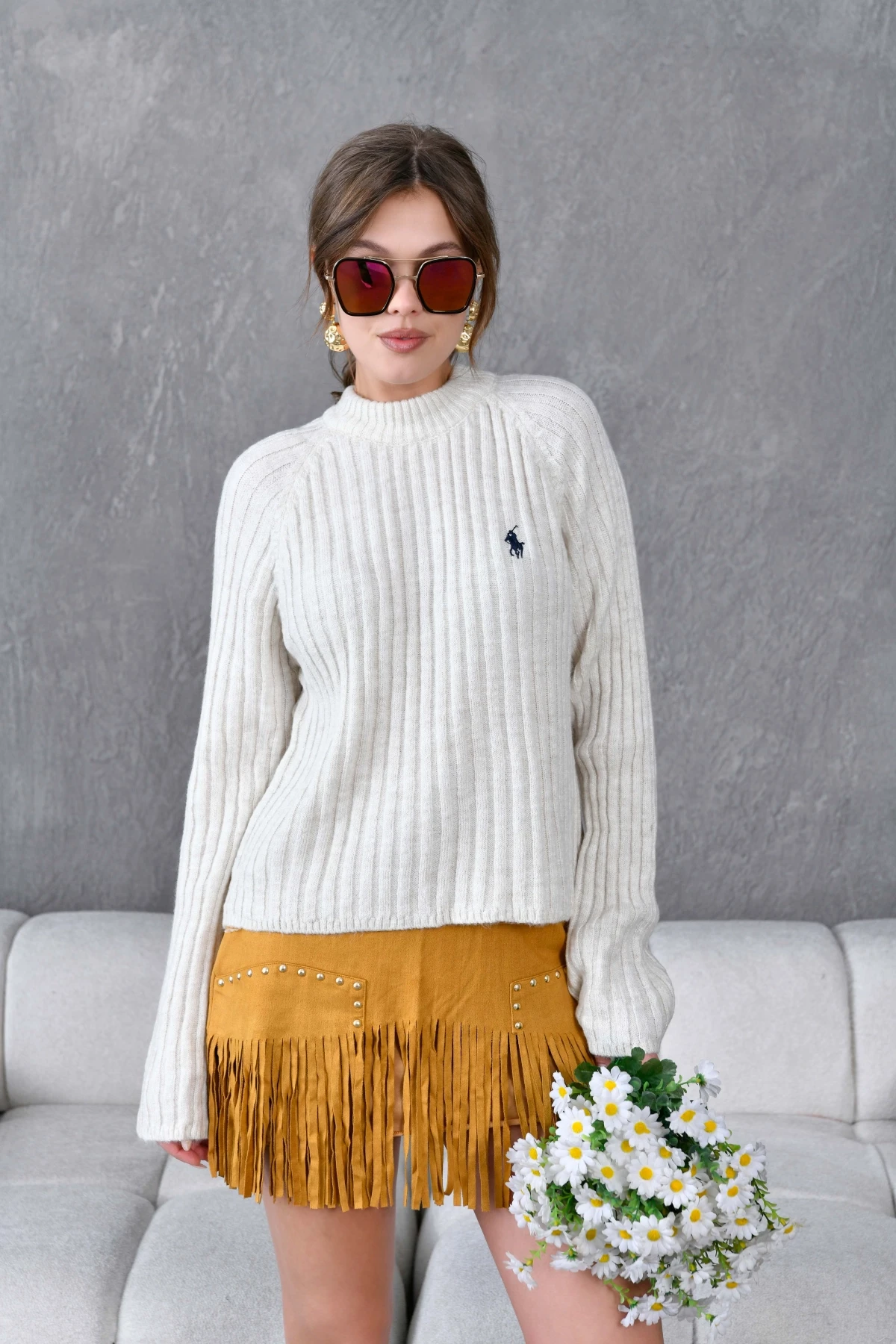 Kadın Bisiklet Yaka Fitilli Triko Kazak 8138Sw