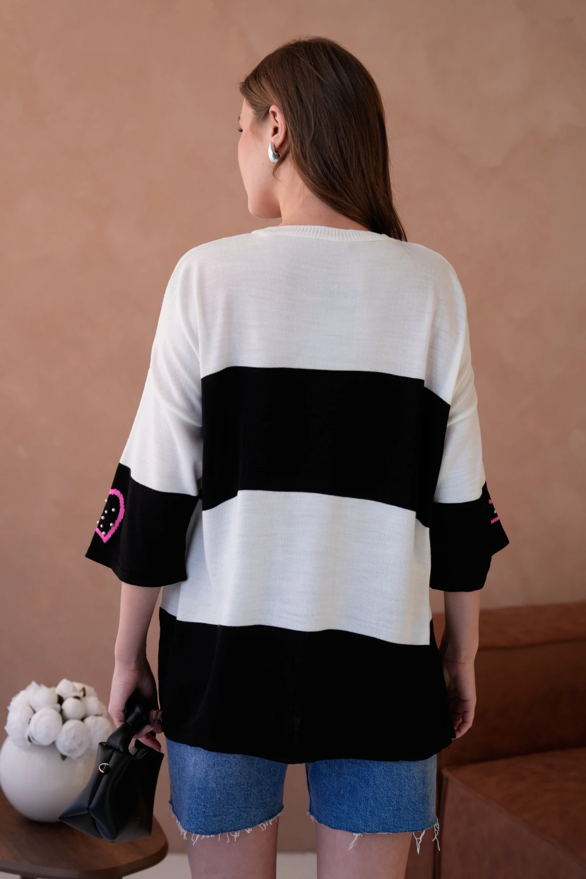 Kadın Bisiklet Yaka İnci İşlemeli Oversize Triko Kazak 10178