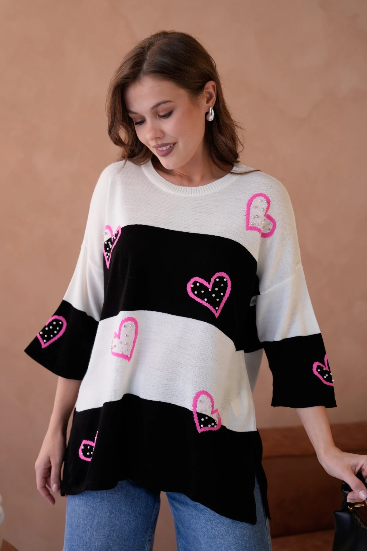 Kadın Bisiklet Yaka İnci İşlemeli Oversize Triko Kazak 10178