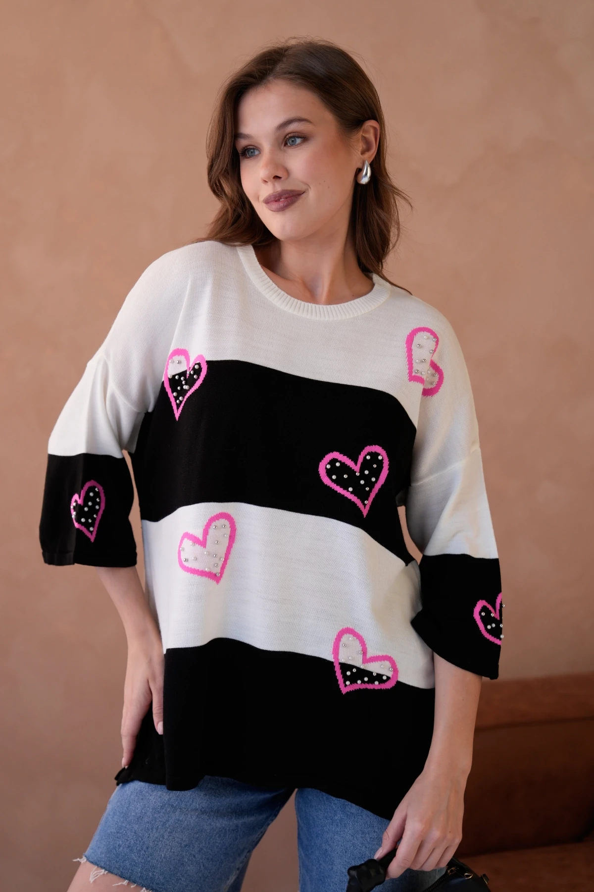 Kadın Bisiklet Yaka İnci İşlemeli Oversize Triko Kazak 10178