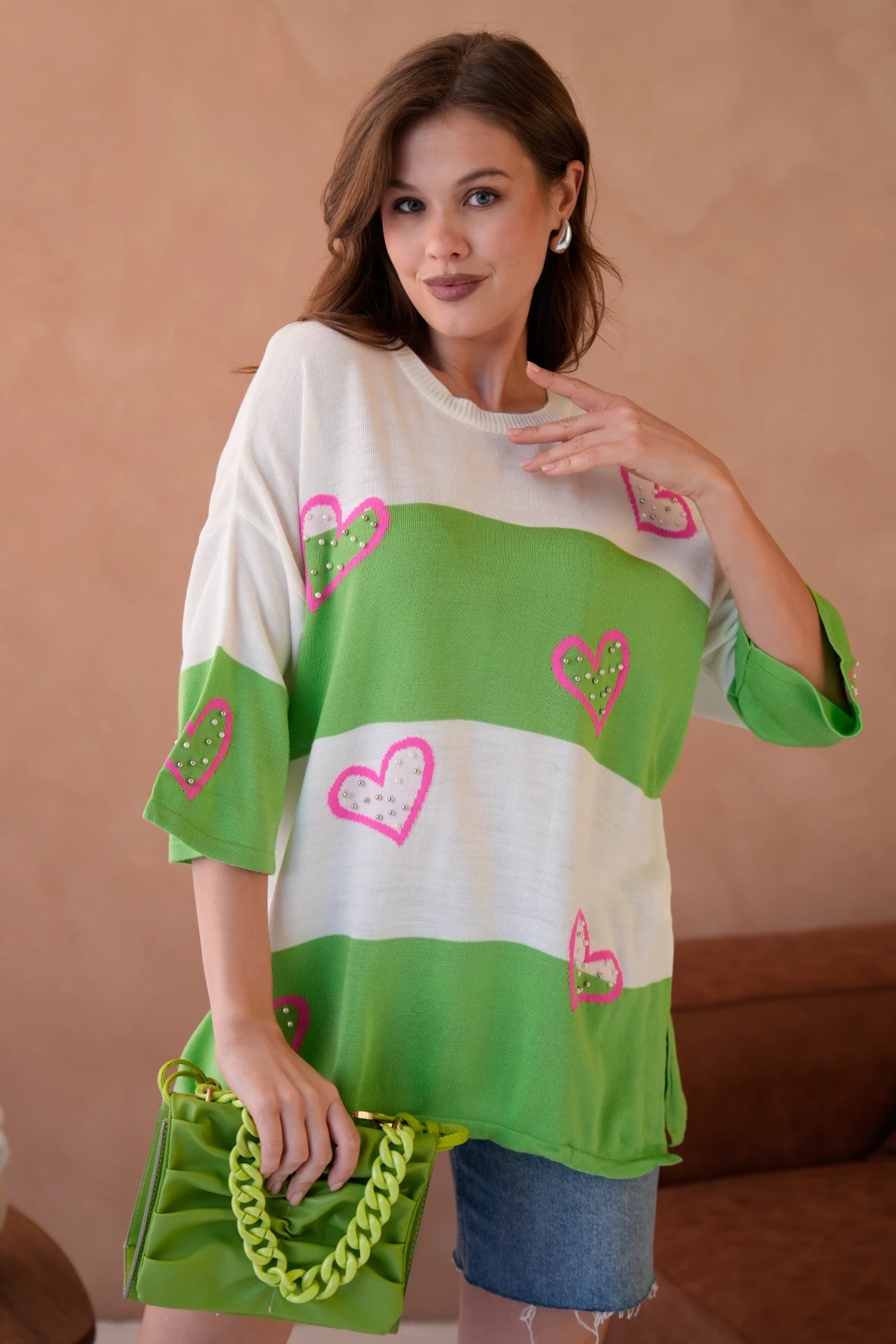 Kadın Bisiklet Yaka İnci İşlemeli Oversize Triko Kazak 10178