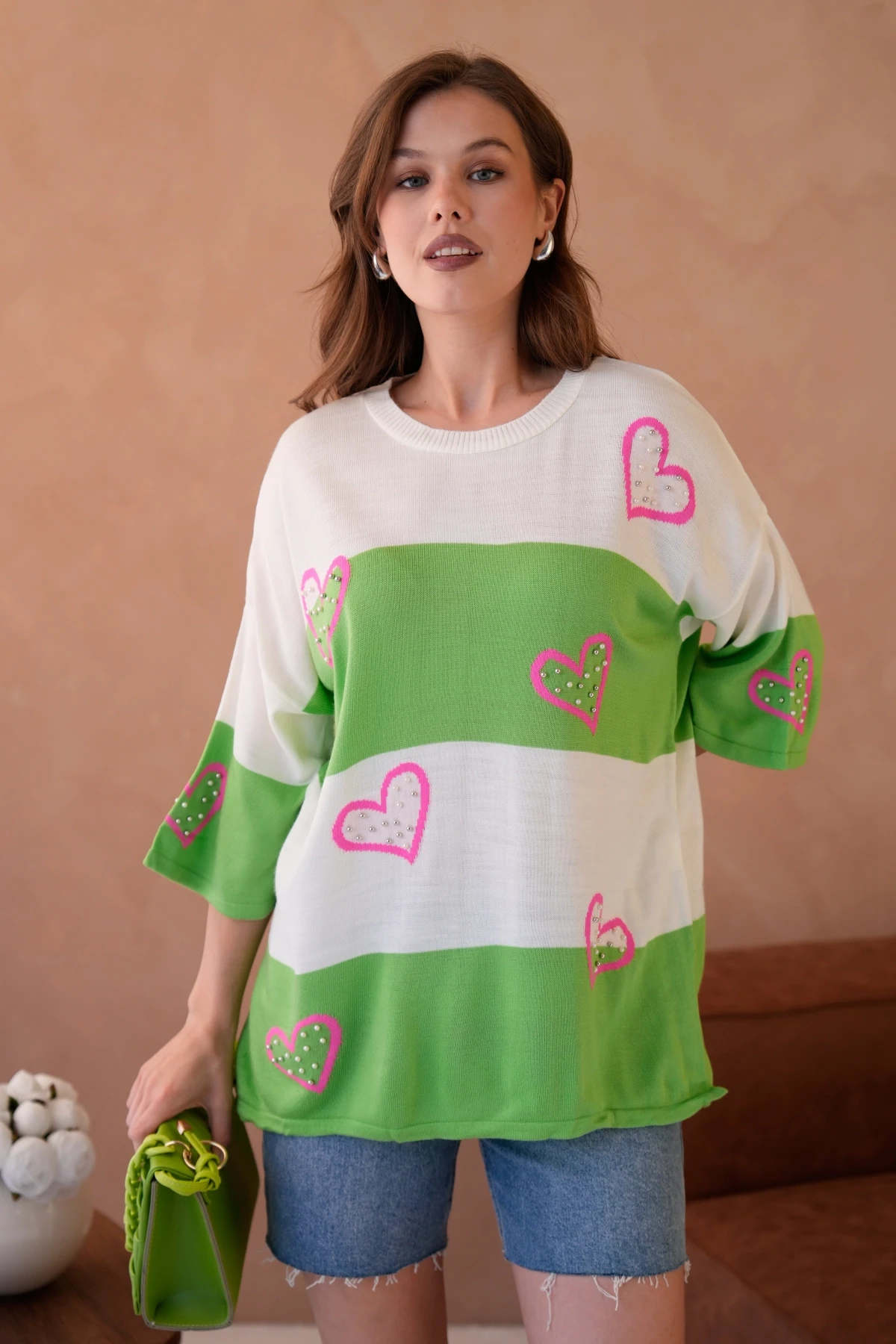 Kadın Bisiklet Yaka İnci İşlemeli Oversize Triko Kazak 10178