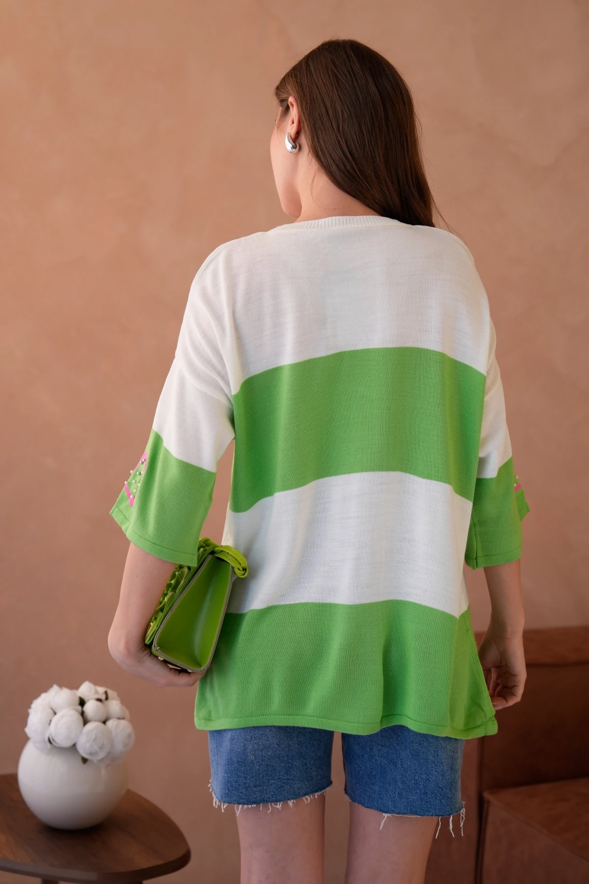 Kadın Bisiklet Yaka İnci İşlemeli Oversize Triko Kazak 10178