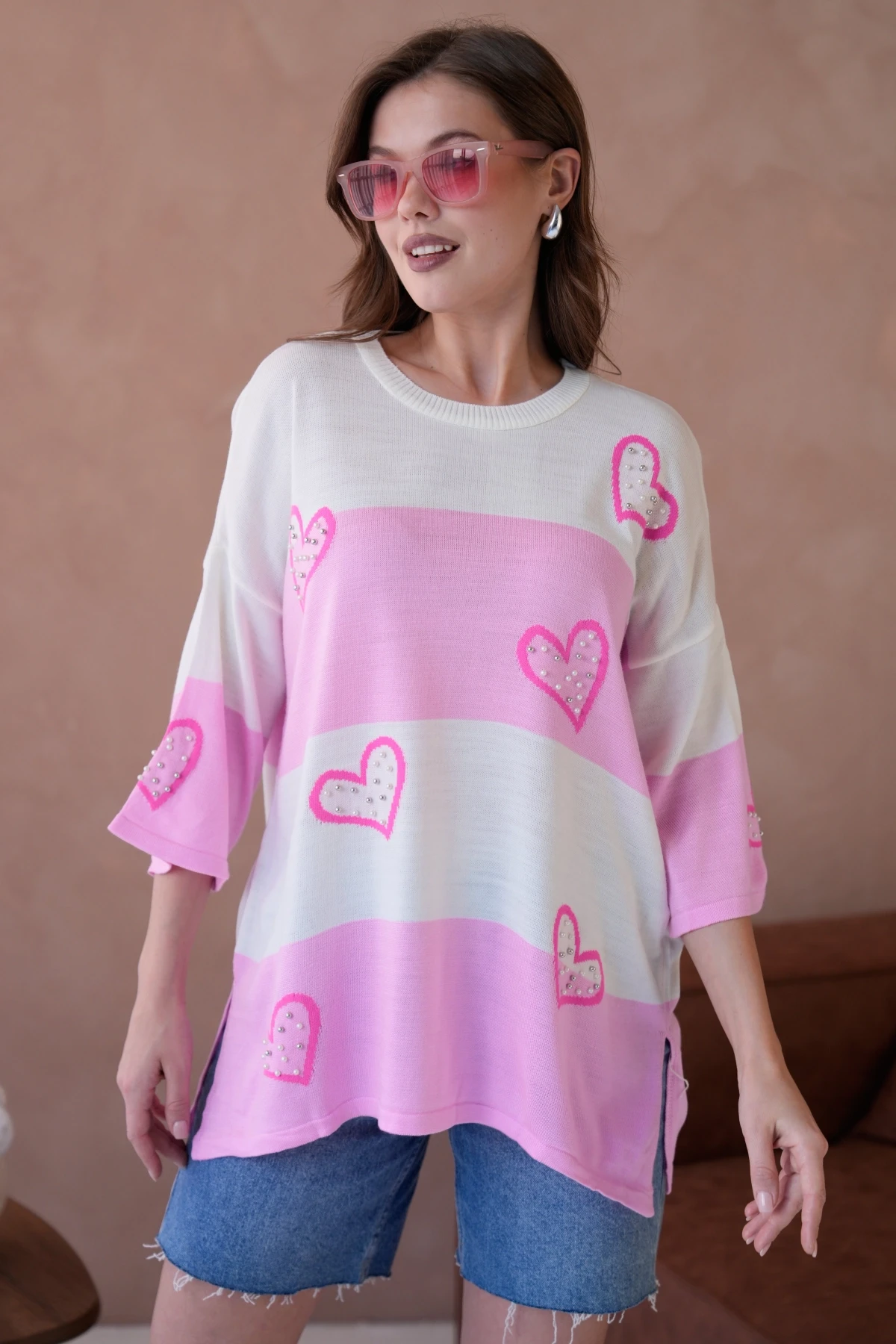 Kadın Bisiklet Yaka İnci İşlemeli Oversize Triko Kazak 10178