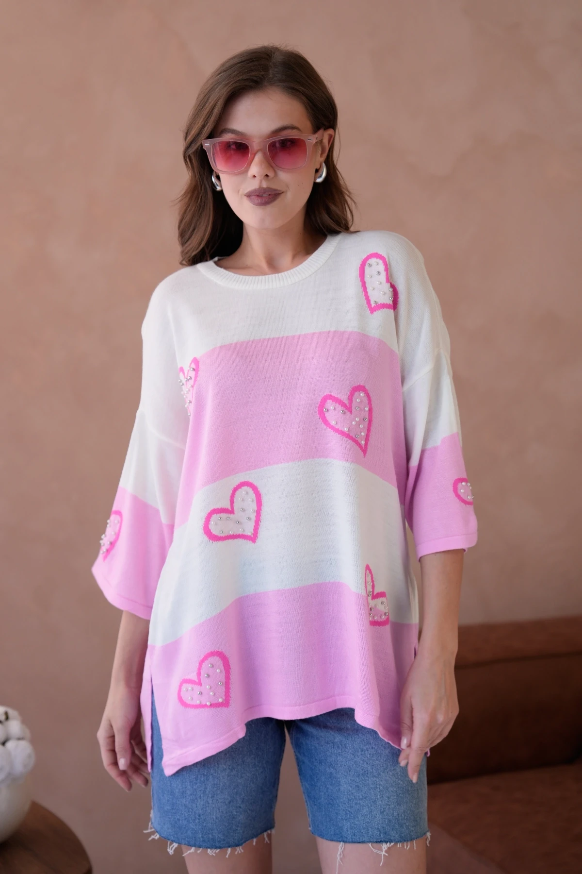 Kadın Bisiklet Yaka İnci İşlemeli Oversize Triko Kazak 10178