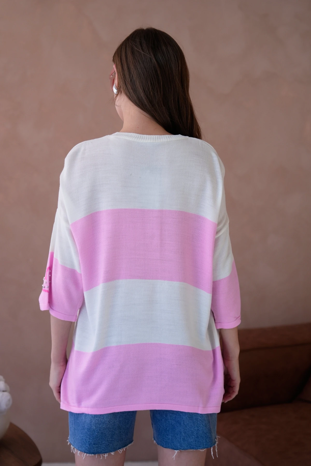 Kadın Bisiklet Yaka İnci İşlemeli Oversize Triko Kazak 10178