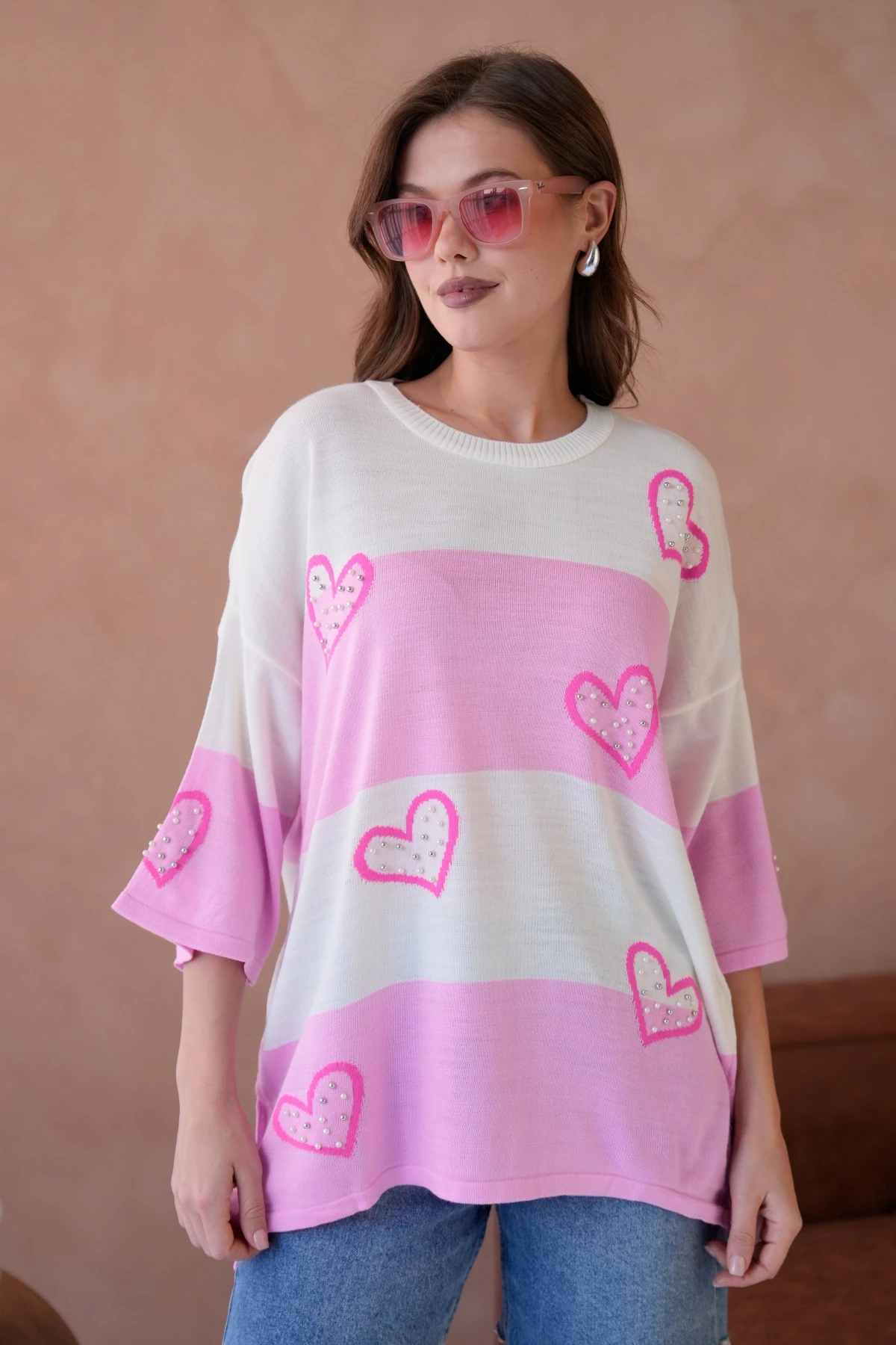 Kadın Bisiklet Yaka İnci İşlemeli Oversize Triko Kazak 10178