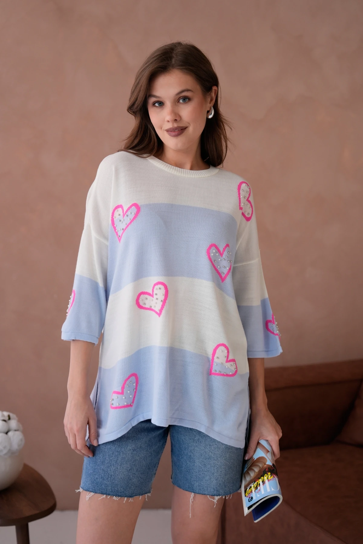 Kadın Bisiklet Yaka İnci İşlemeli Oversize Triko Kazak 10178