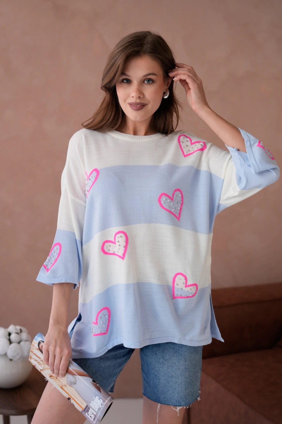 Kadın Bisiklet Yaka İnci İşlemeli Oversize Triko Kazak 10178