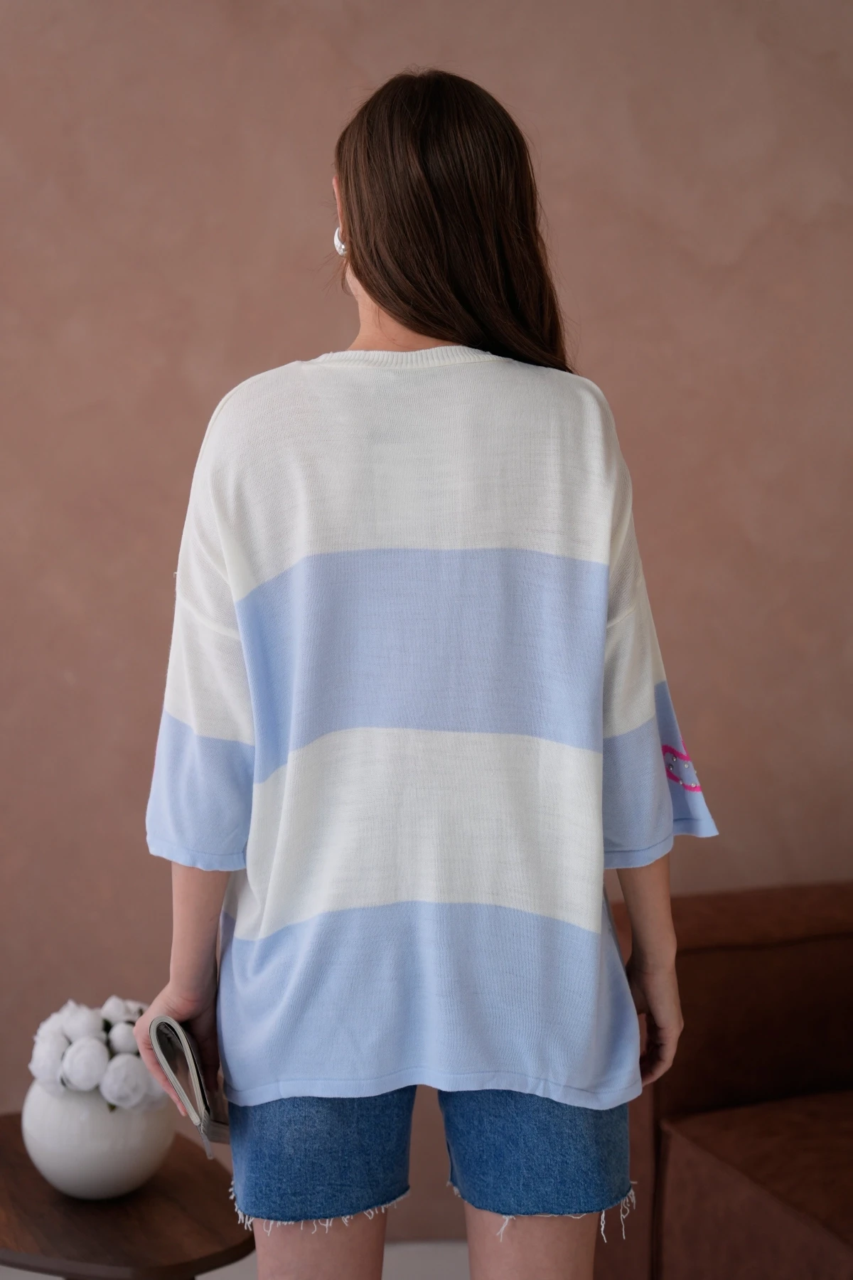 Kadın Bisiklet Yaka İnci İşlemeli Oversize Triko Kazak 10178