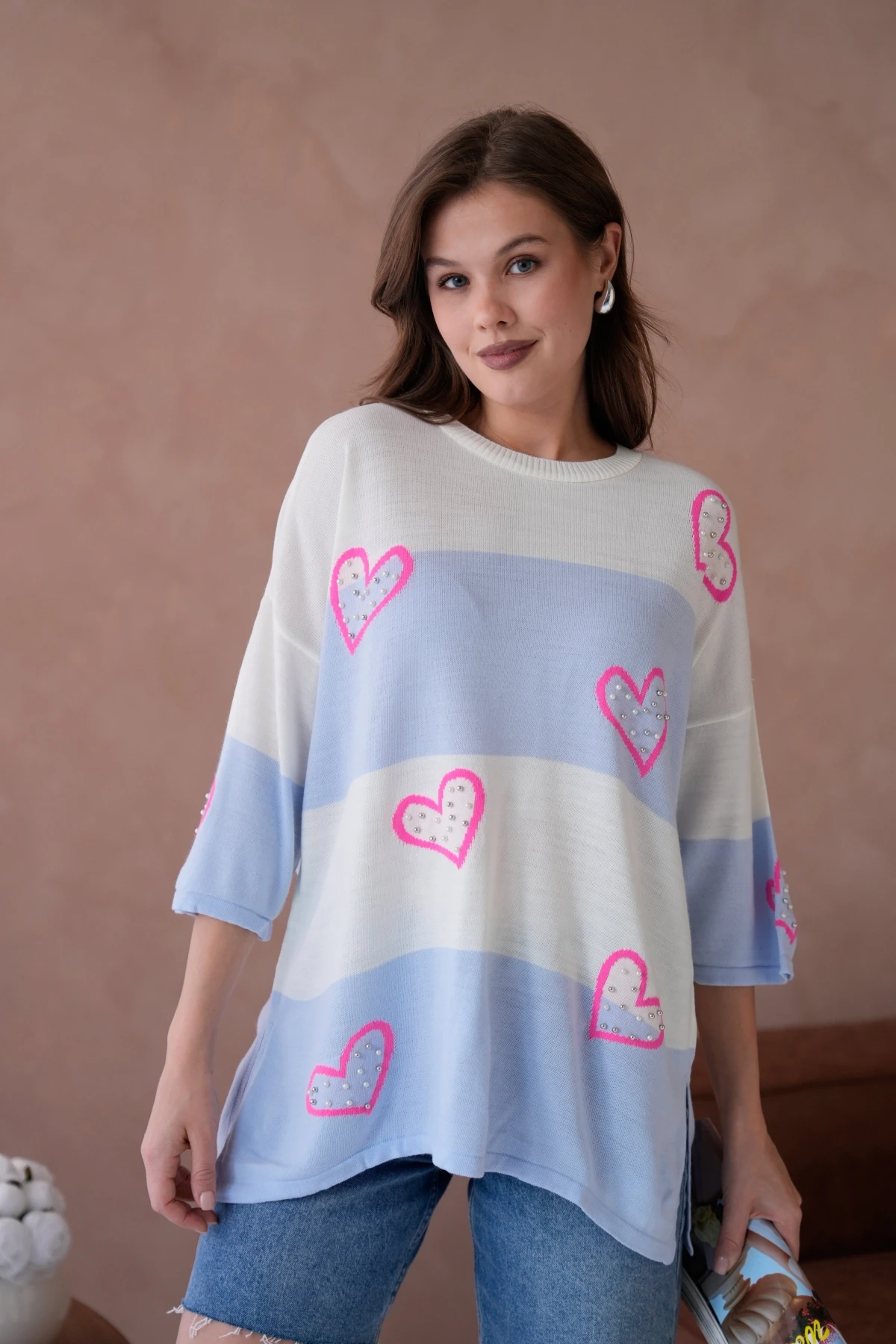 Kadın Bisiklet Yaka İnci İşlemeli Oversize Triko Kazak 10178