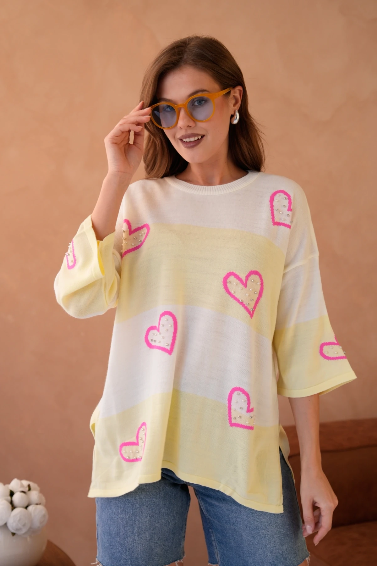 Kadın Bisiklet Yaka İnci İşlemeli Oversize Triko Kazak 10178