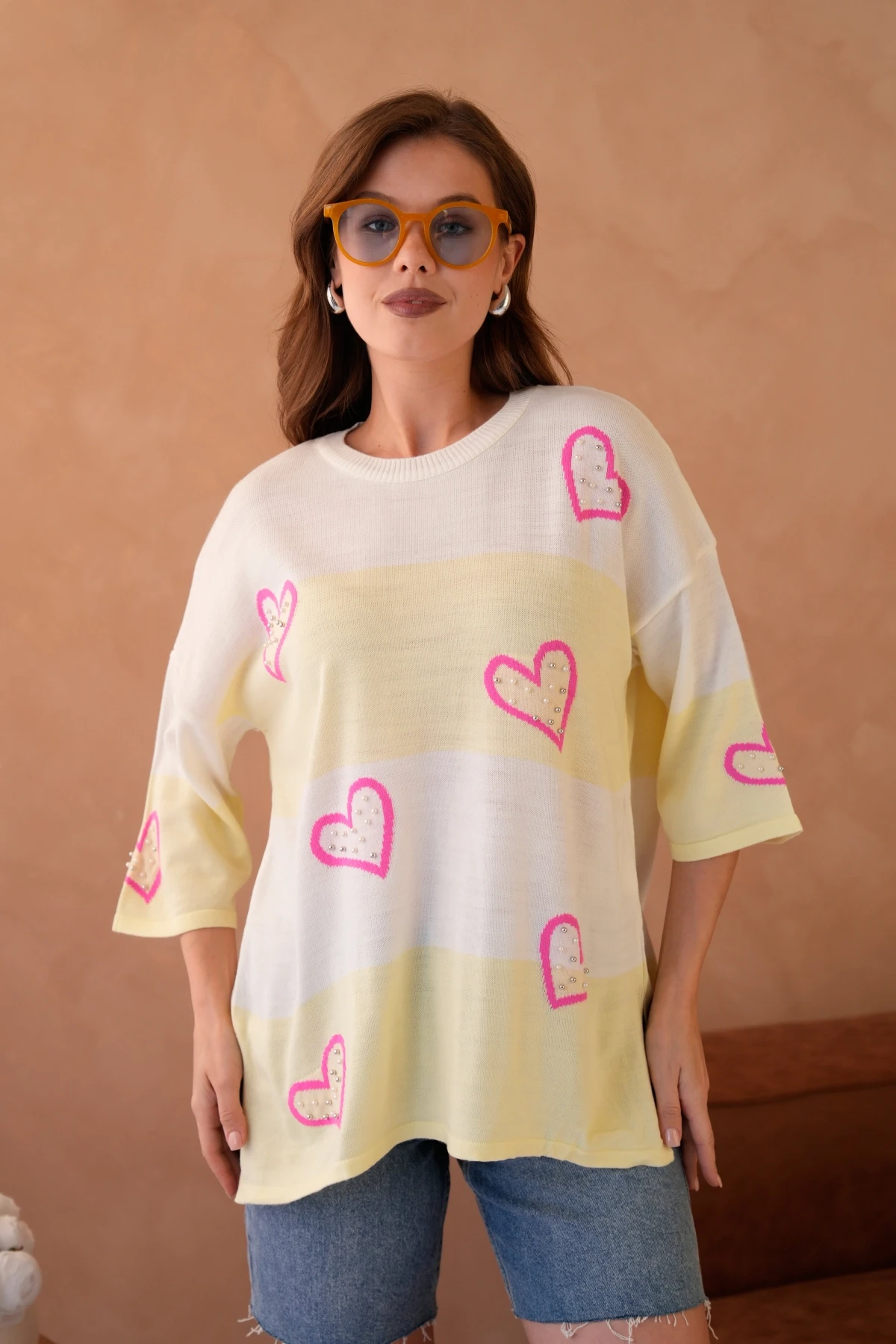 Kadın Bisiklet Yaka İnci İşlemeli Oversize Triko Kazak 10178