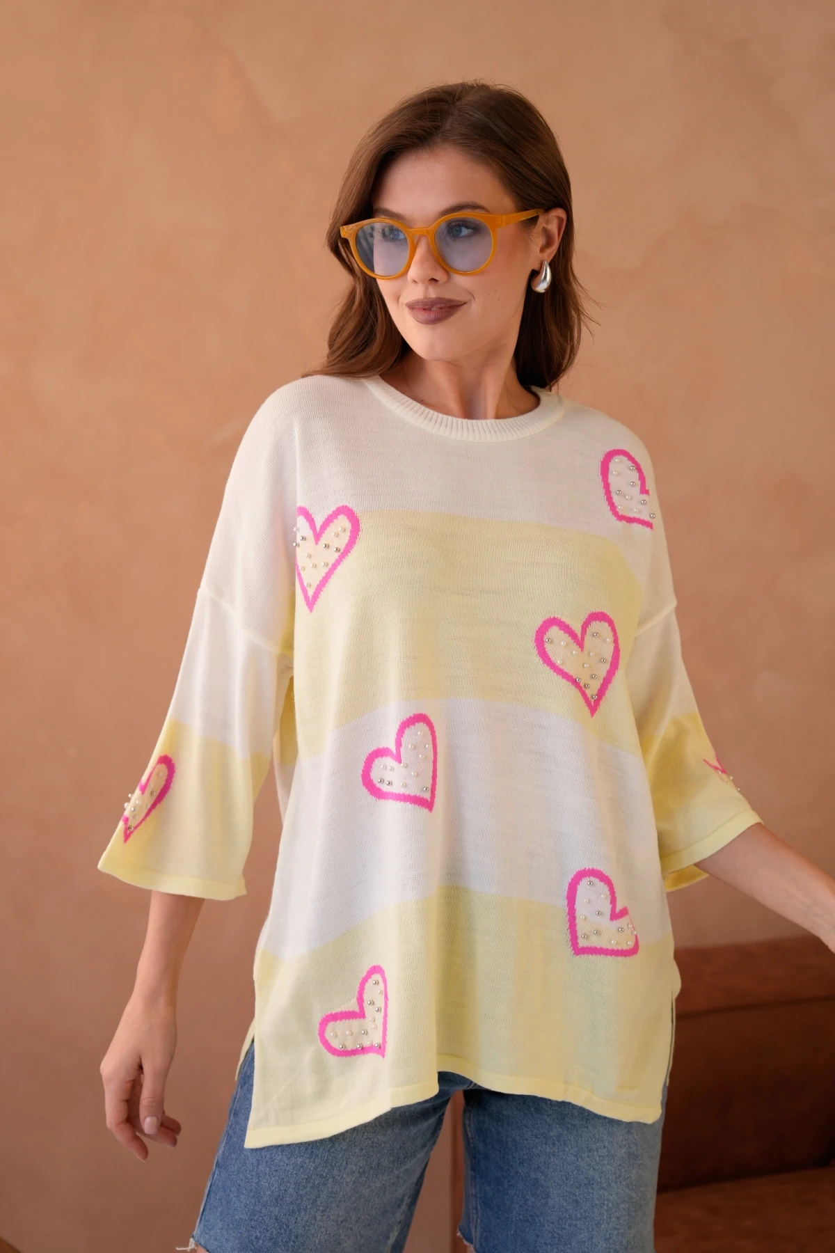 Kadın Bisiklet Yaka İnci İşlemeli Oversize Triko Kazak 10178