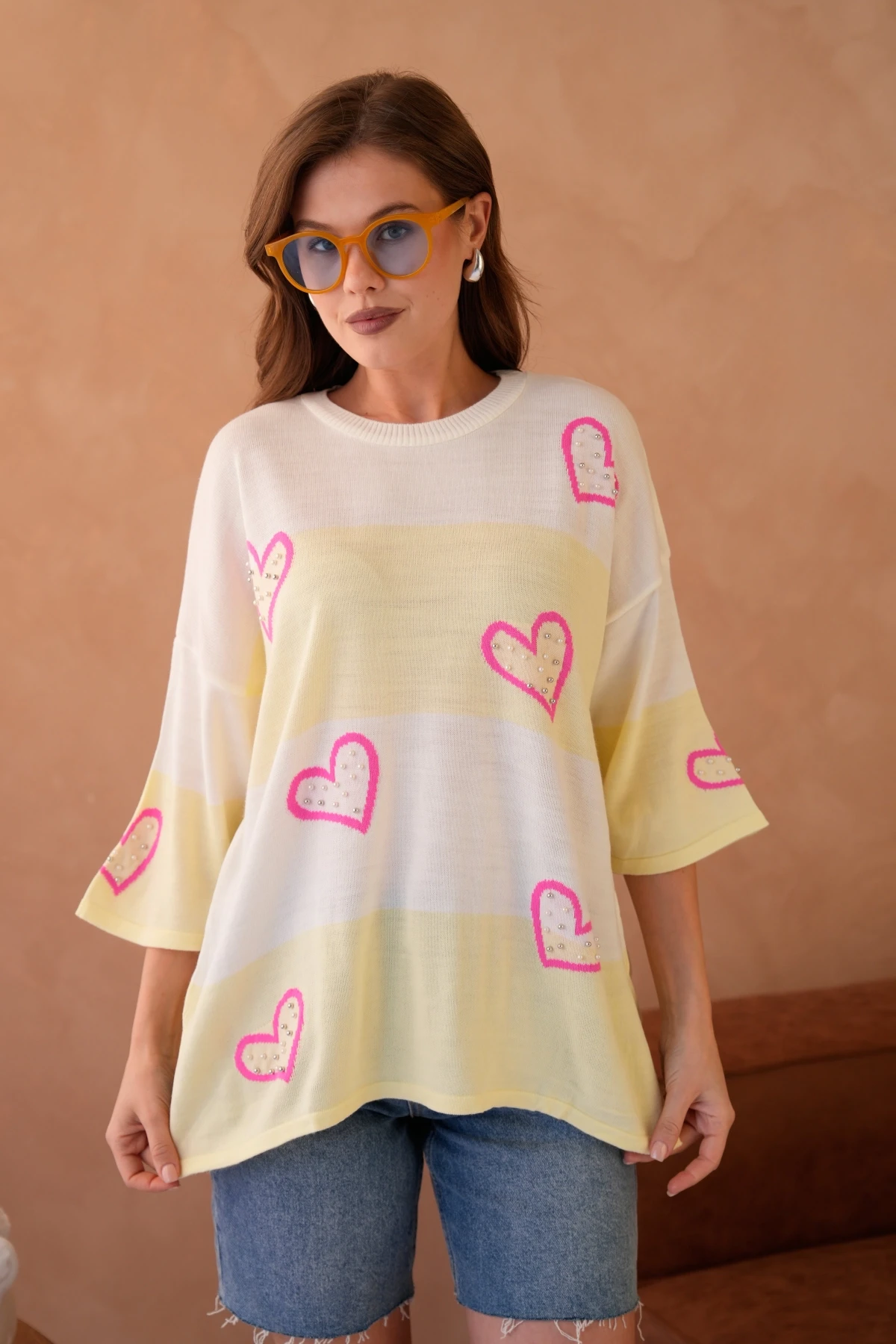 Kadın Bisiklet Yaka İnci İşlemeli Oversize Triko Kazak 10178