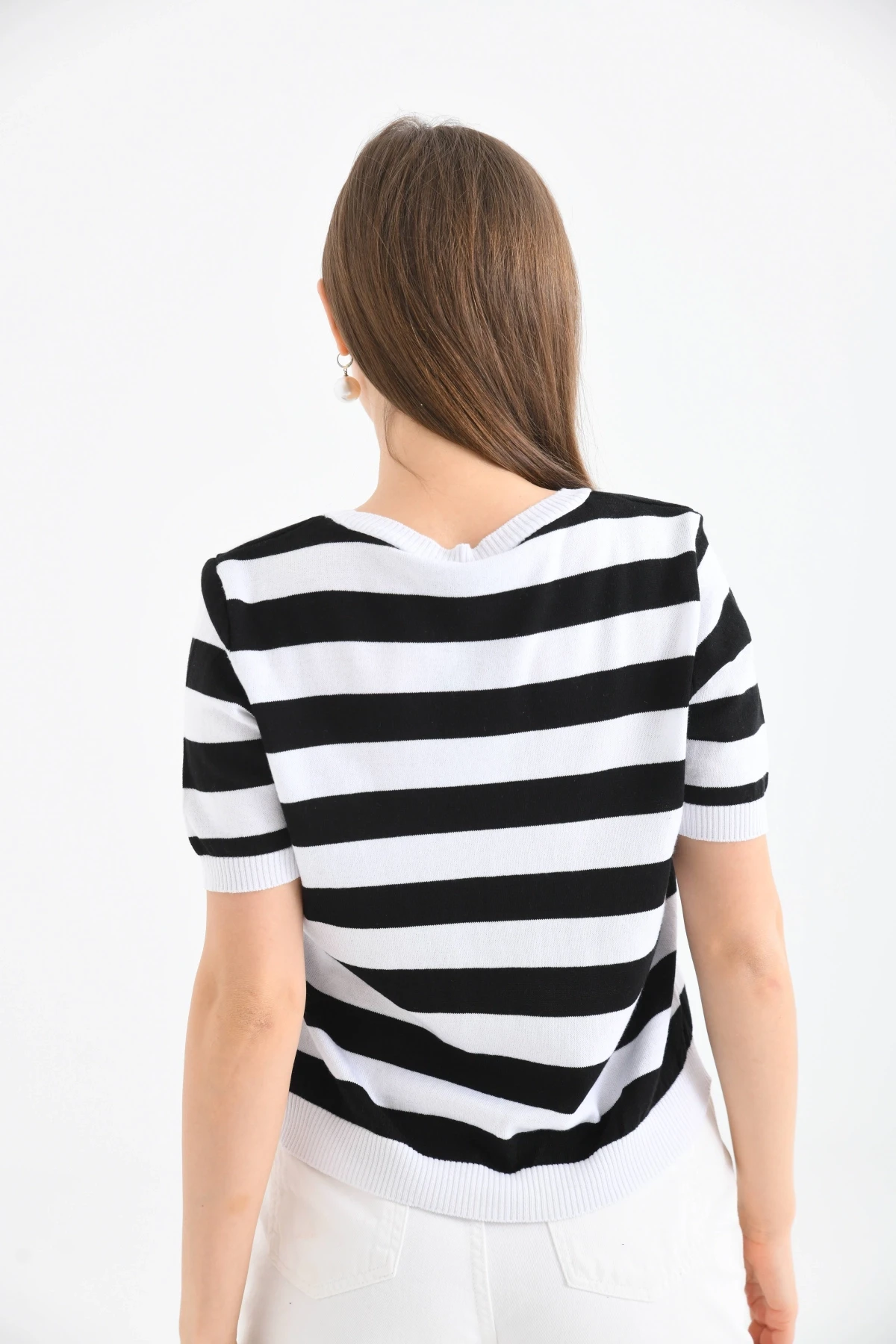 Kadın Bisiklet Yaka Kısa Kol Çizgili Triko Kazak 10072.Ctn