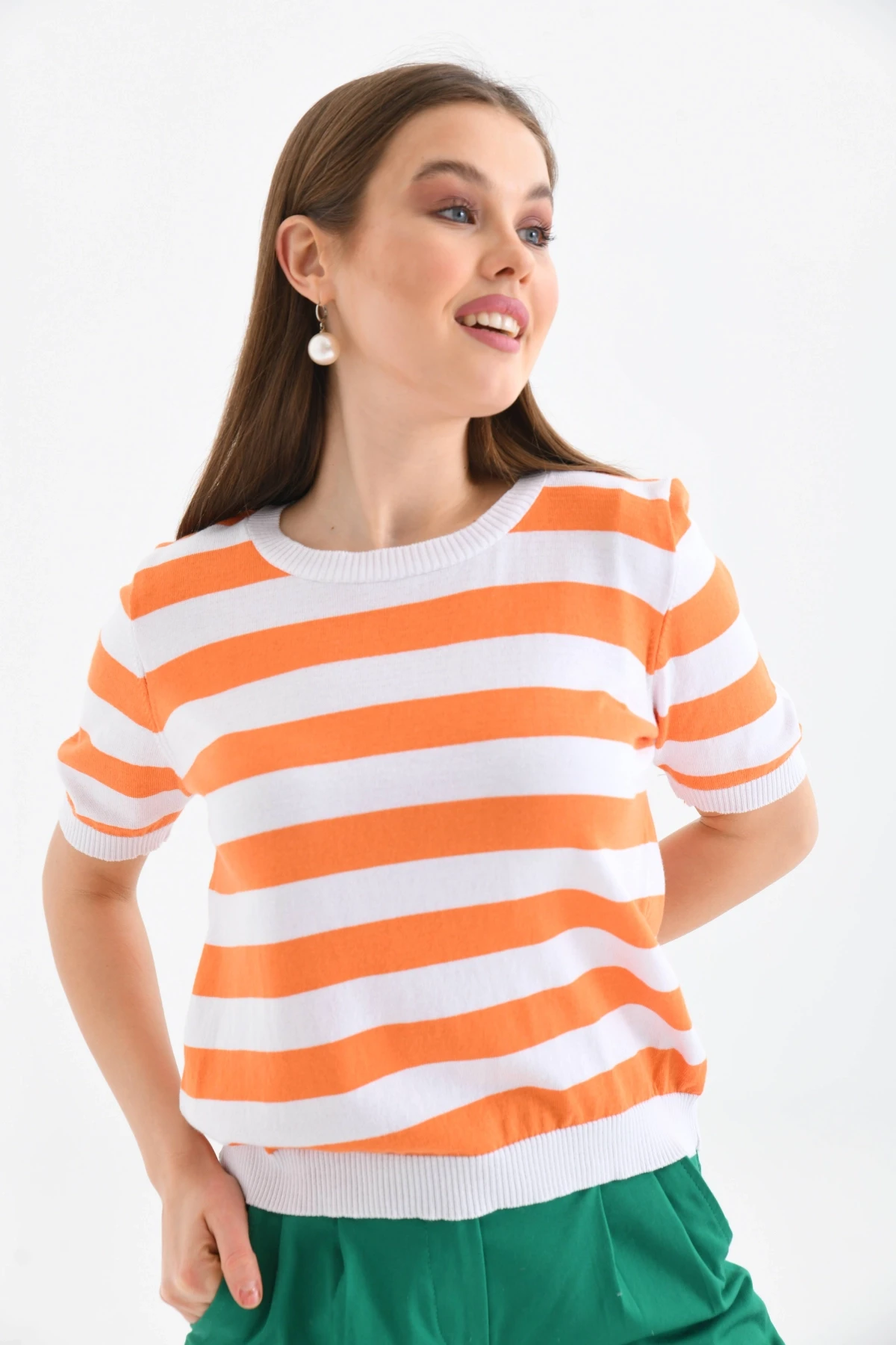 Kadın Bisiklet Yaka Kısa Kol Çizgili Triko Kazak 10072.Ctn