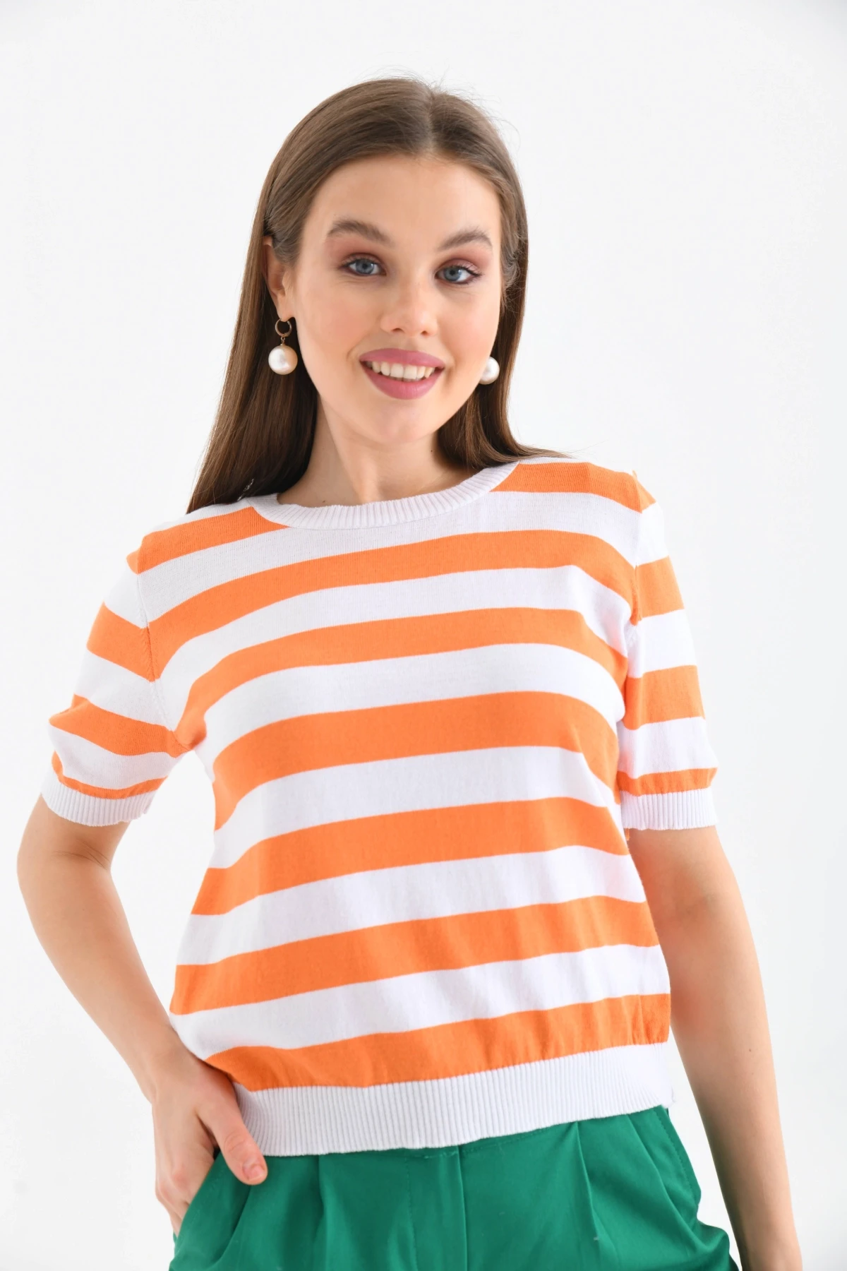 Kadın Bisiklet Yaka Kısa Kol Çizgili Triko Kazak 10072.Ctn