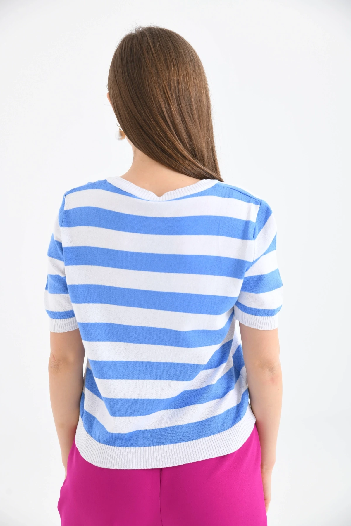Kadın Bisiklet Yaka Kısa Kol Çizgili Triko Kazak 10072.Ctn