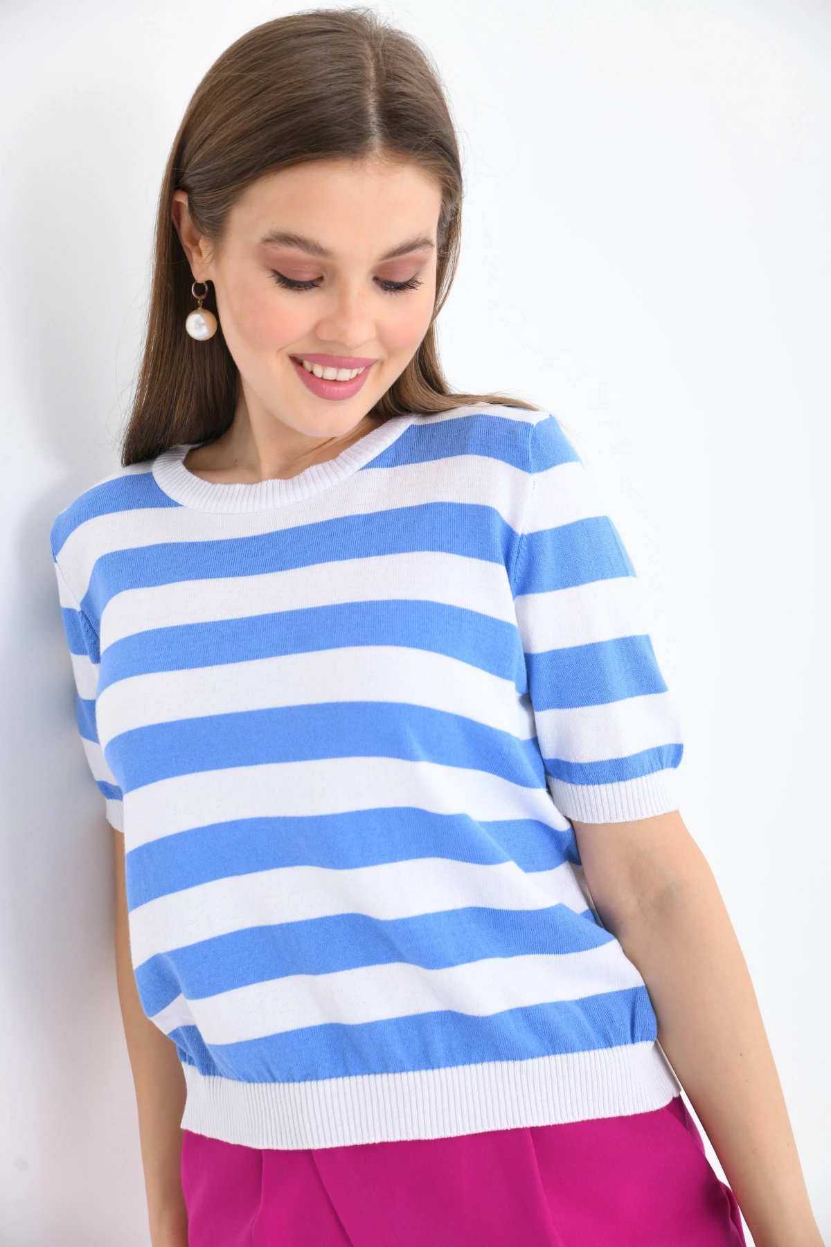 Kadın Bisiklet Yaka Kısa Kol Çizgili Triko Kazak 10072.Ctn