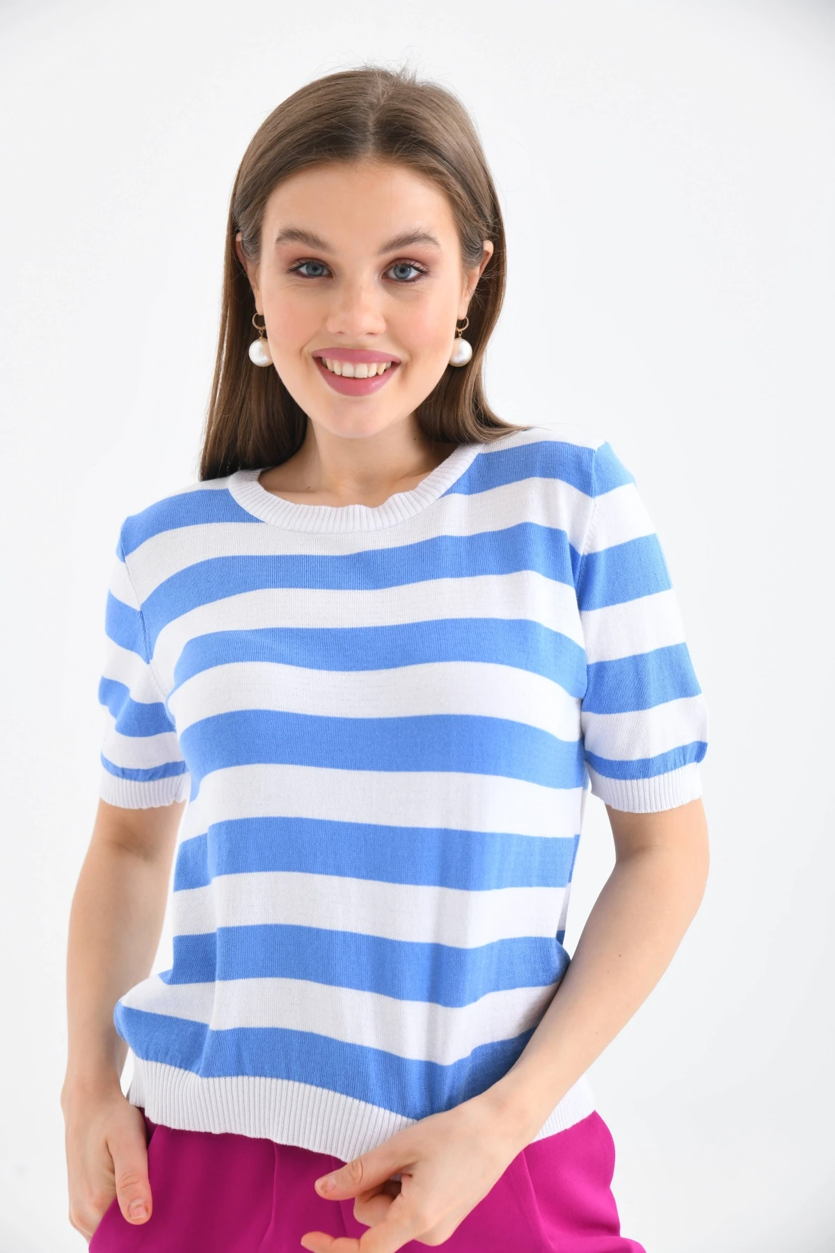 Kadın Bisiklet Yaka Kısa Kol Çizgili Triko Kazak 10072.Ctn