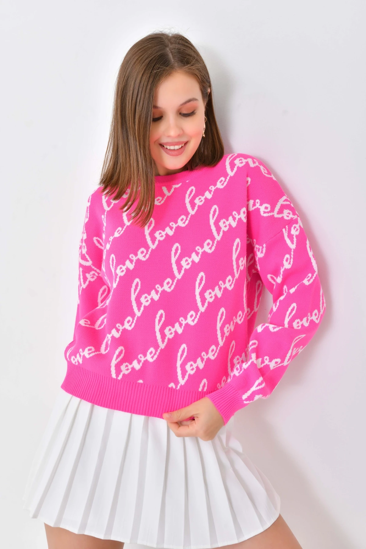 Kadın Bisiklet Yaka Love Yazı Detaylı Triko Kazak 10517