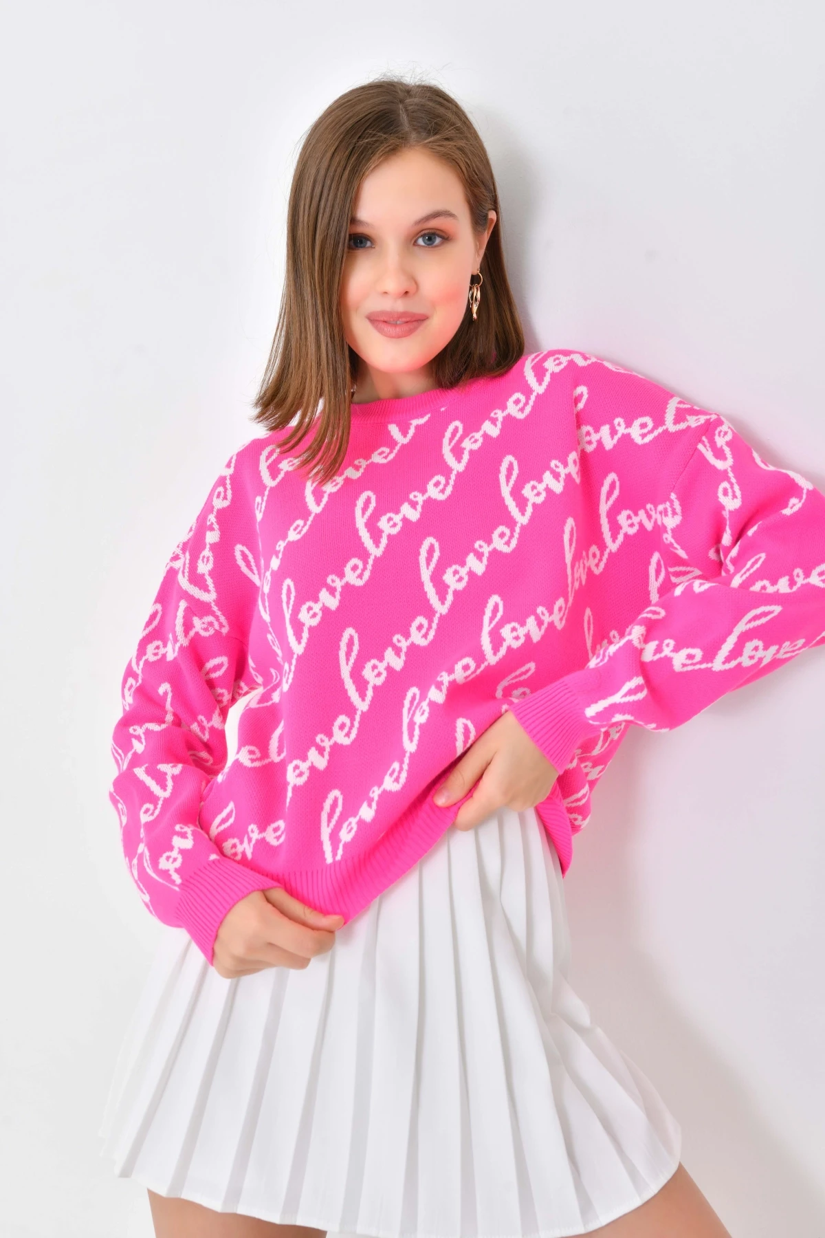 Kadın Bisiklet Yaka Love Yazı Detaylı Triko Kazak 10517