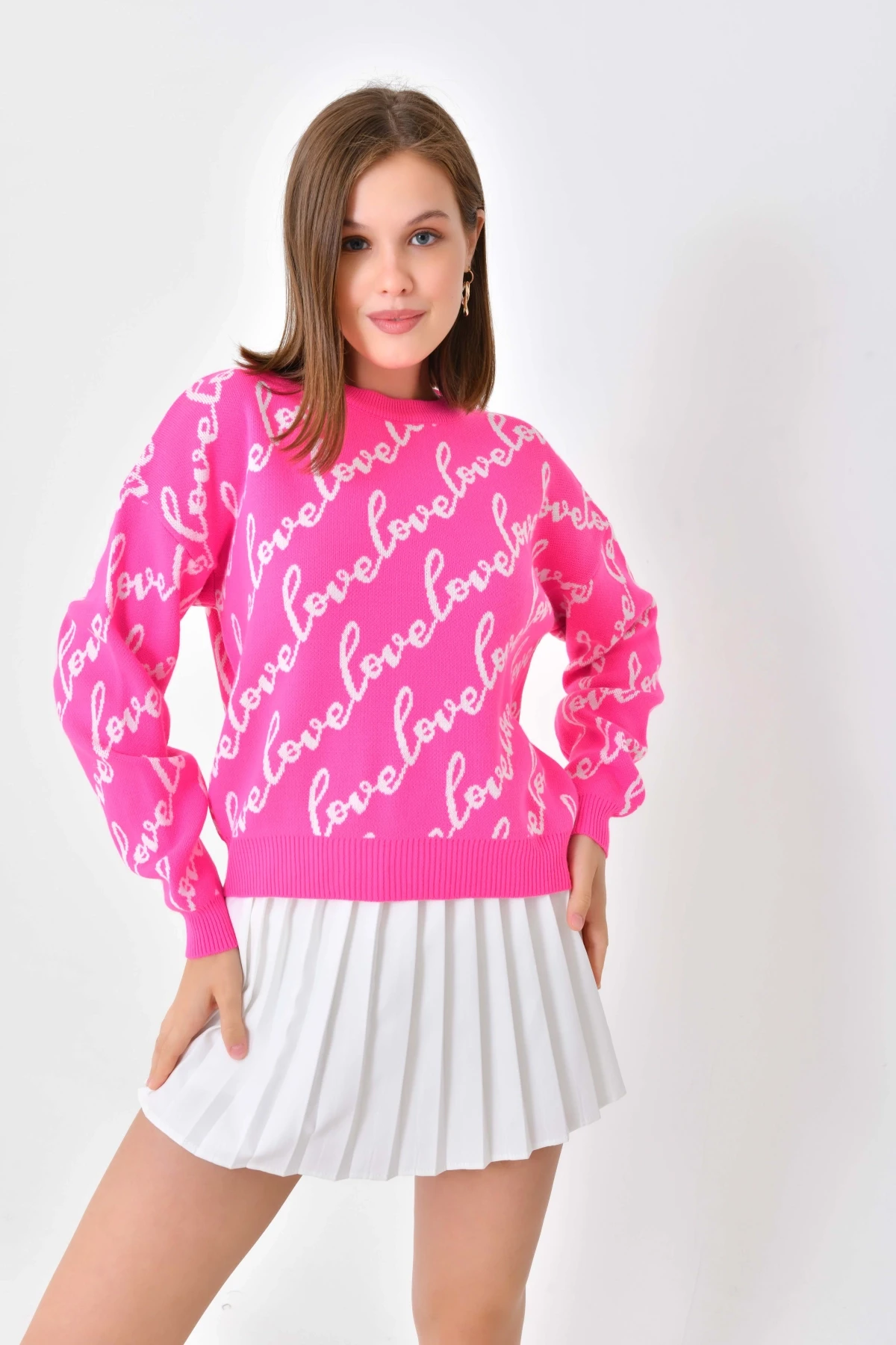 Kadın Bisiklet Yaka Love Yazı Detaylı Triko Kazak 10517