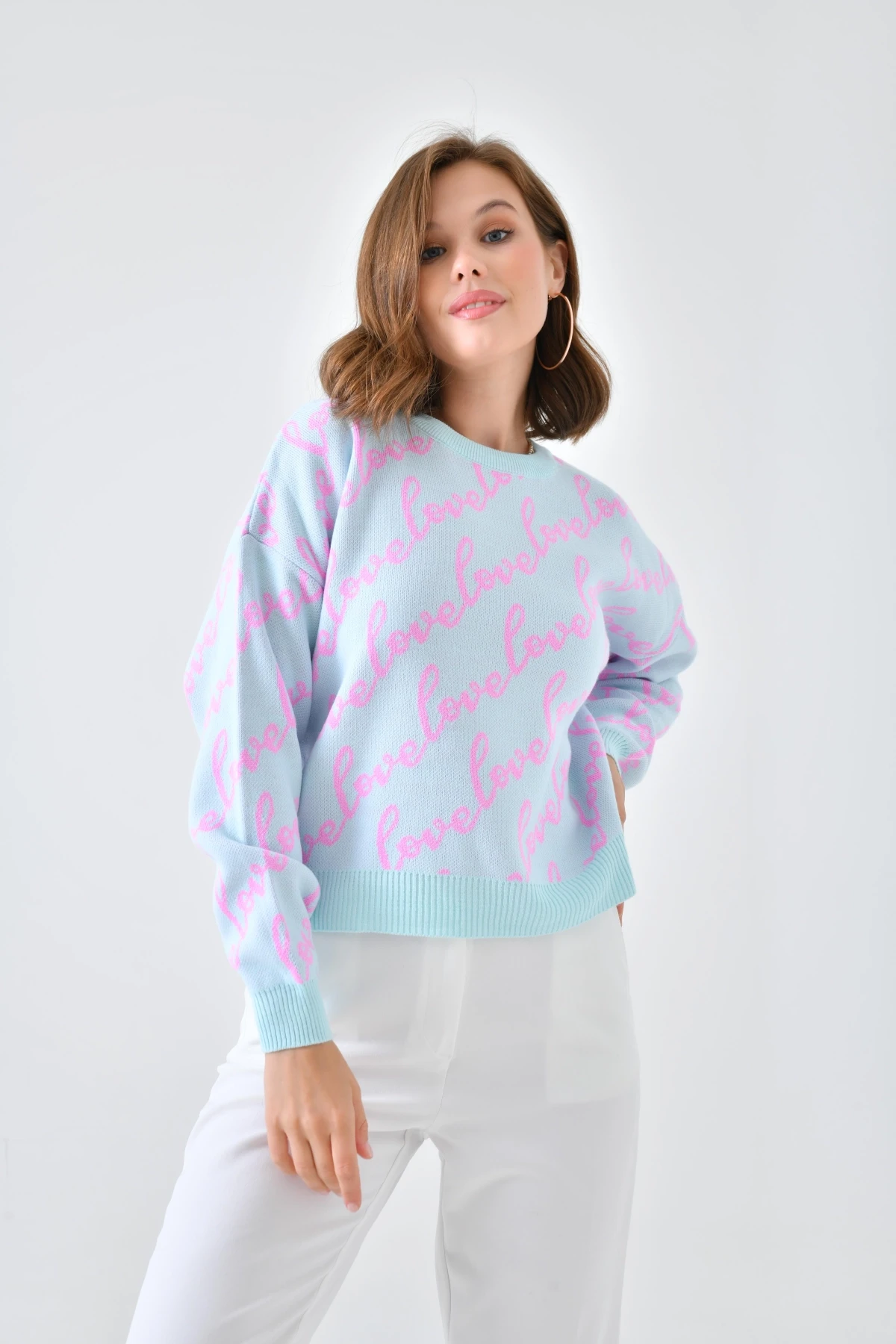 Kadın Bisiklet Yaka Love Yazı Detaylı Triko Kazak 10517