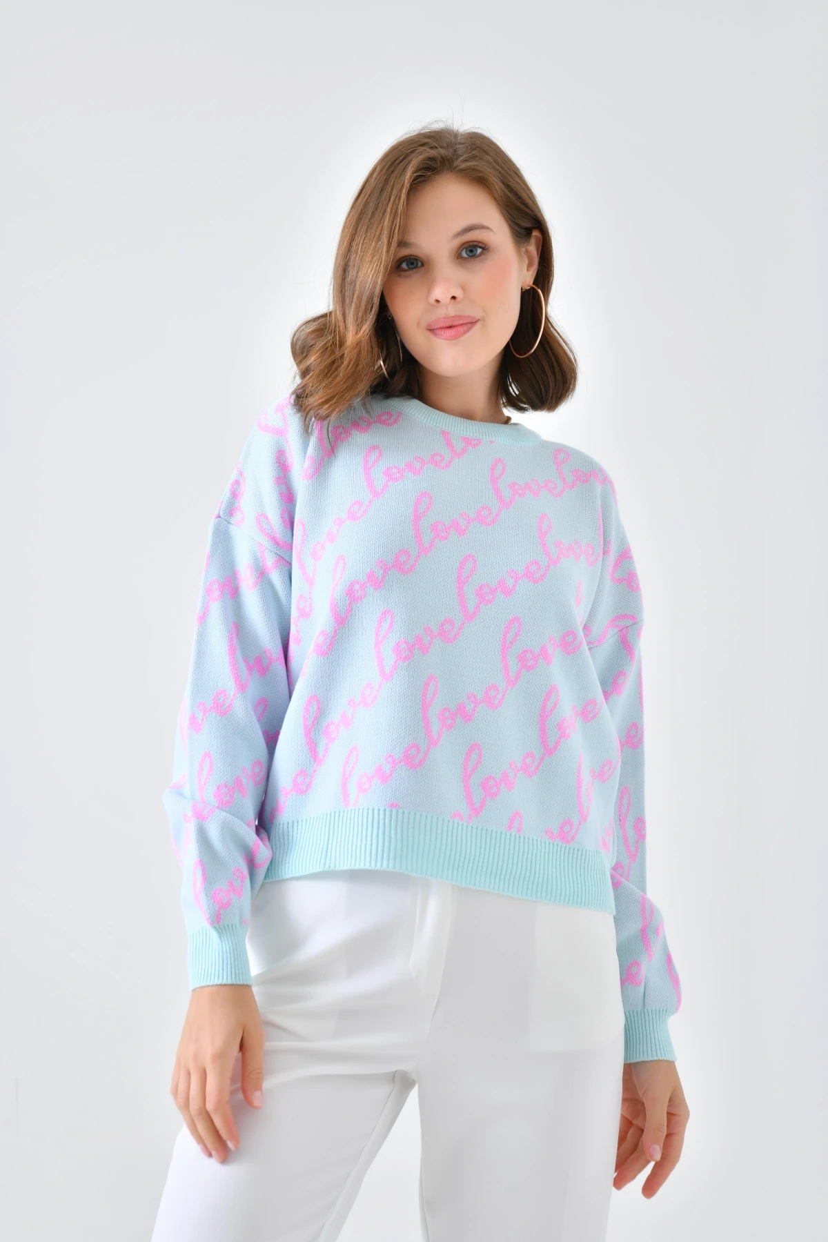 Kadın Bisiklet Yaka Love Yazı Detaylı Triko Kazak 10517