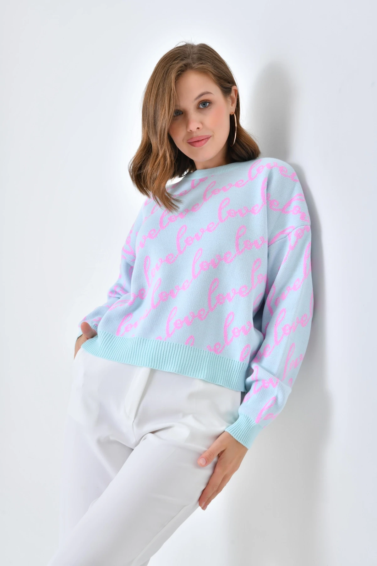 Kadın Bisiklet Yaka Love Yazı Detaylı Triko Kazak 10517