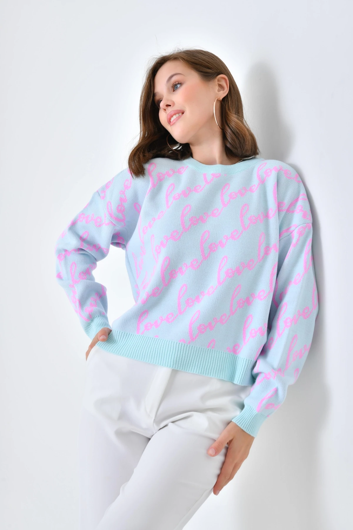 Kadın Bisiklet Yaka Love Yazı Detaylı Triko Kazak 10517