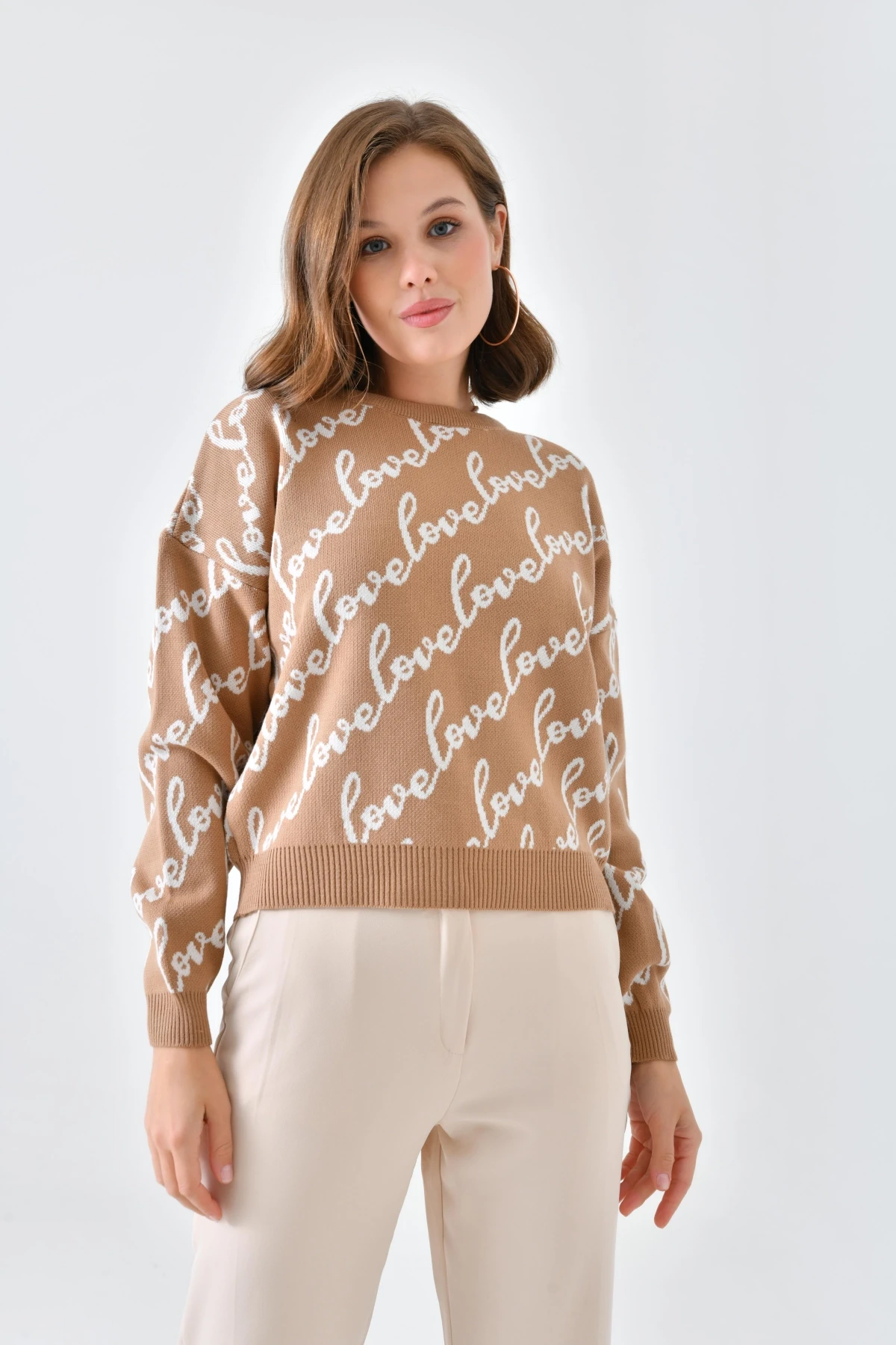 Kadın Bisiklet Yaka Love Yazı Detaylı Triko Kazak 10517