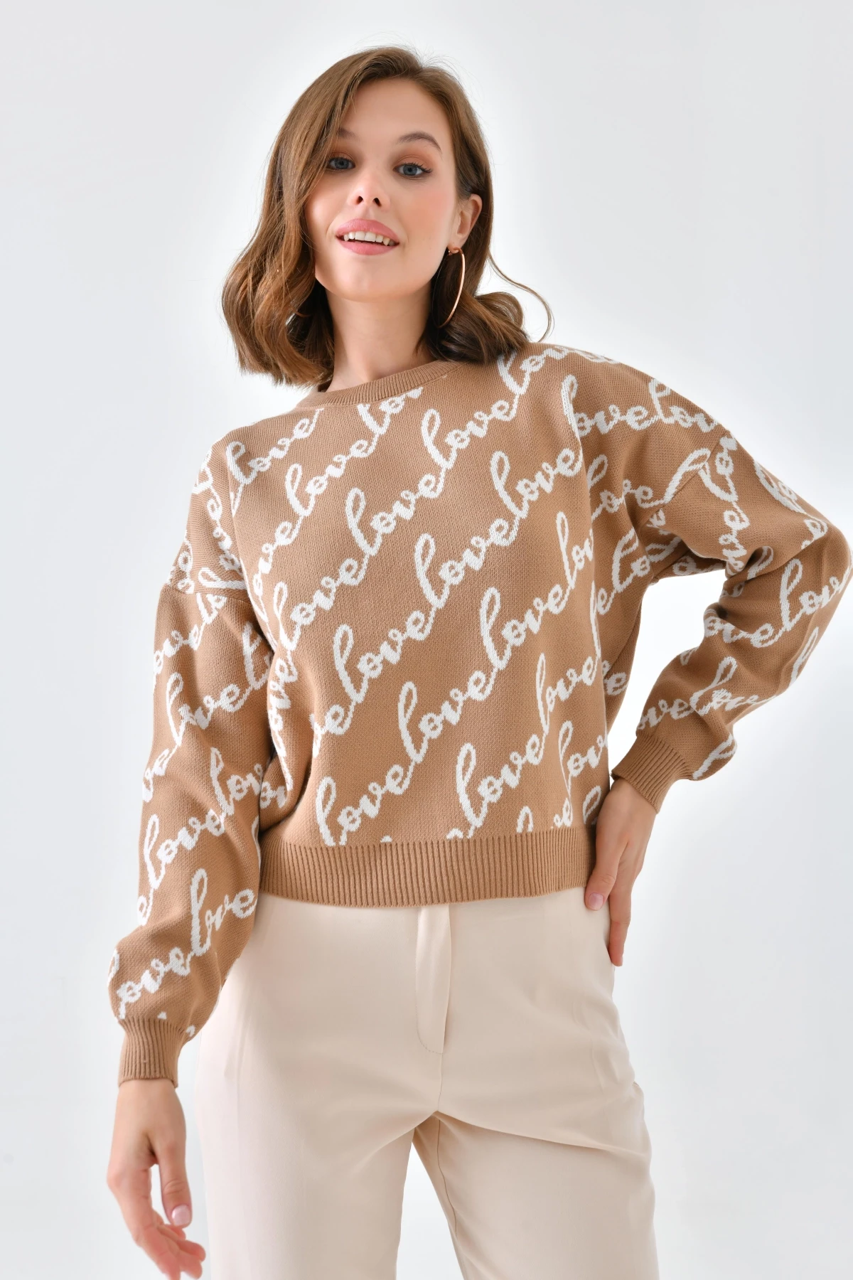 Kadın Bisiklet Yaka Love Yazı Detaylı Triko Kazak 10517