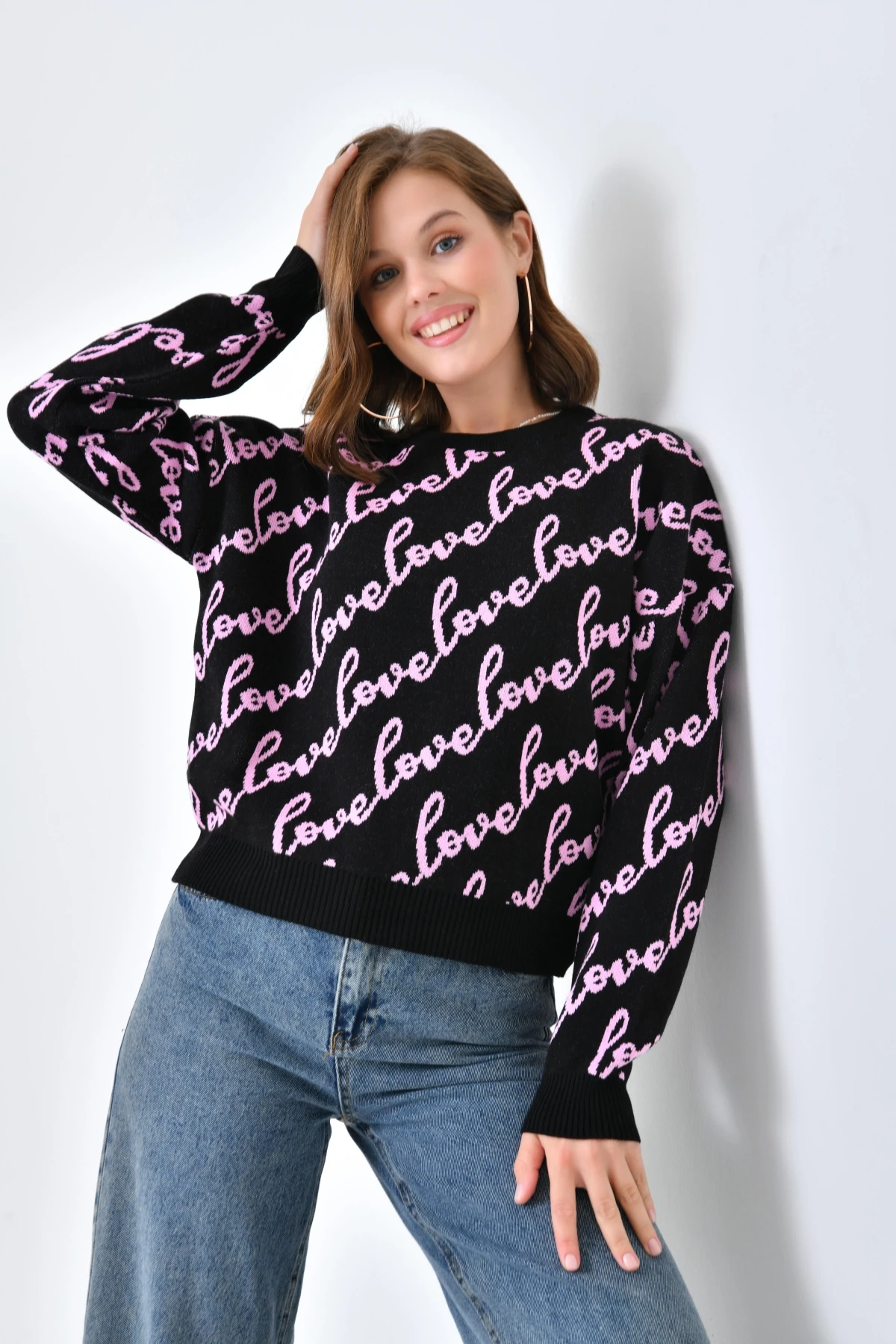 Kadın Bisiklet Yaka Love Yazı Detaylı Triko Kazak 10517