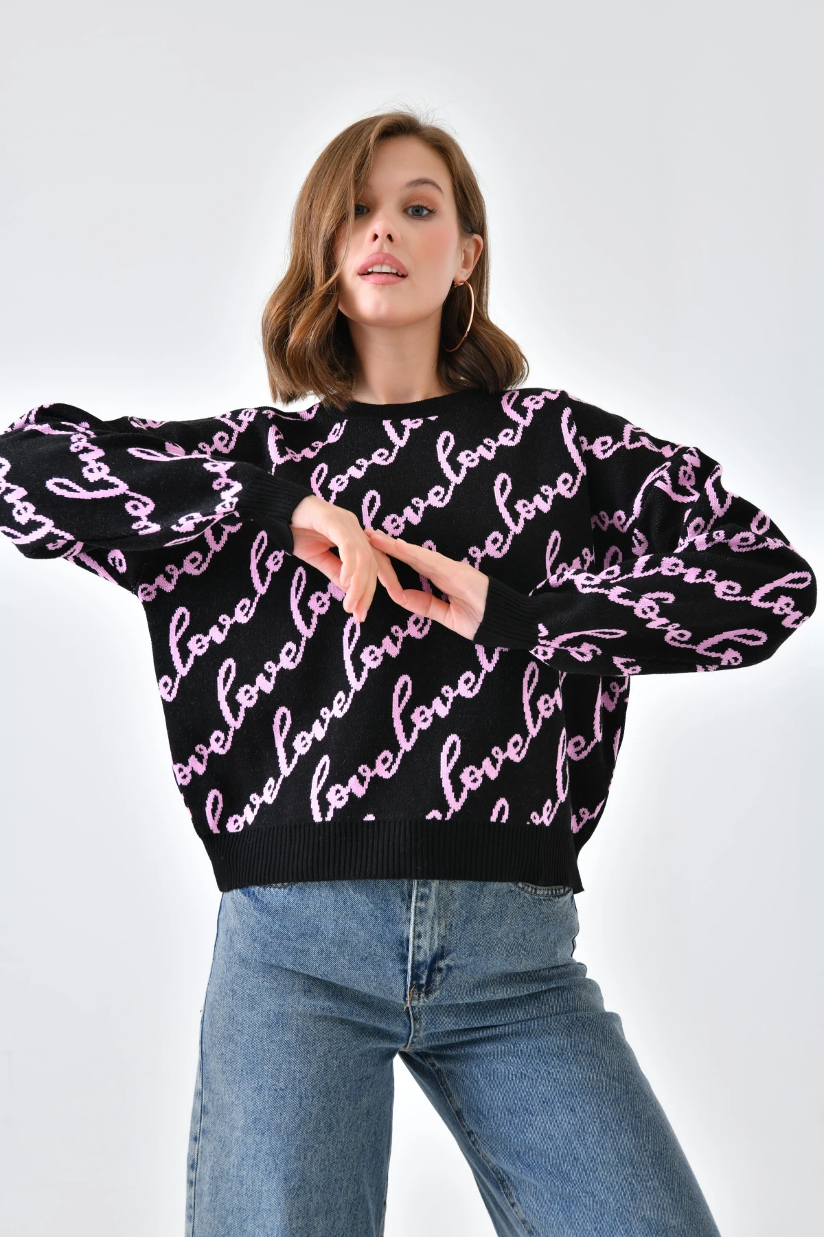 Kadın Bisiklet Yaka Love Yazı Detaylı Triko Kazak 10517