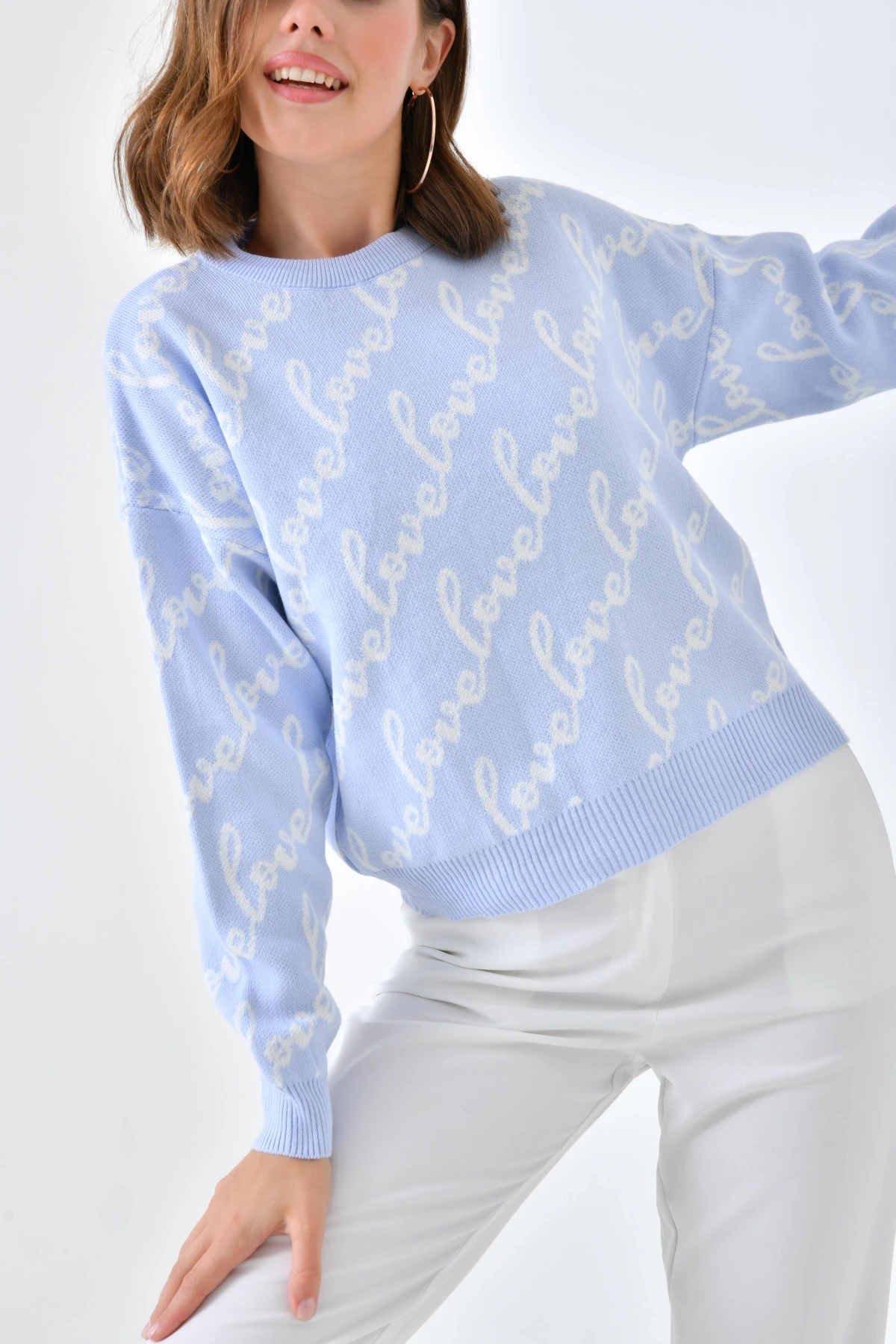 Kadın Bisiklet Yaka Love Yazı Detaylı Triko Kazak 10517