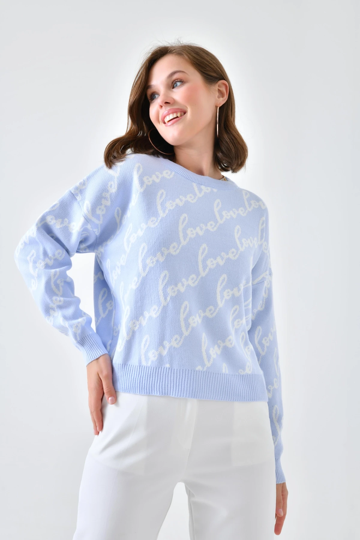 Kadın Bisiklet Yaka Love Yazı Detaylı Triko Kazak 10517