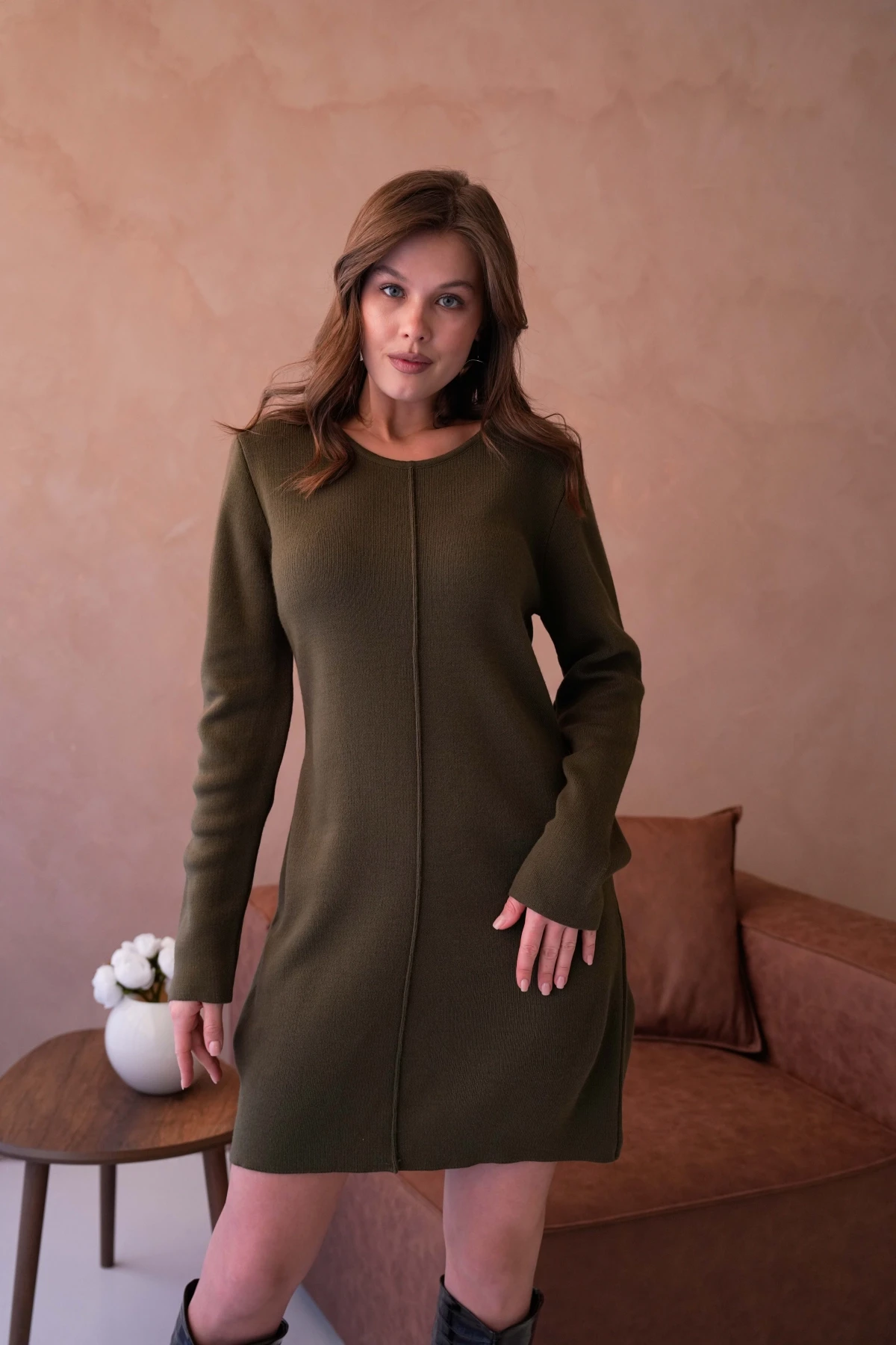 Kadın Bisiklet Yaka Midi Boy Yumuşak Dokulu Basic Triko Elbise 12027