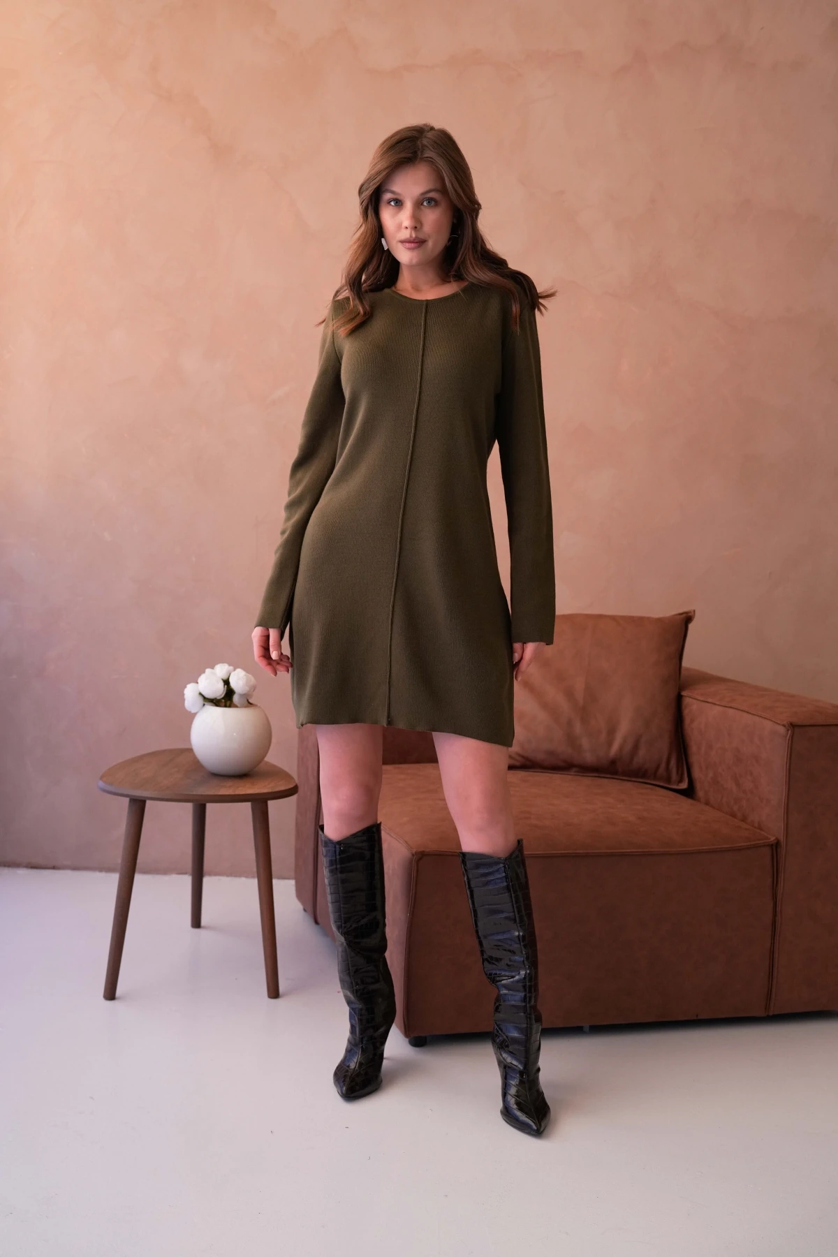 Kadın Bisiklet Yaka Midi Boy Yumuşak Dokulu Basic Triko Elbise 12027