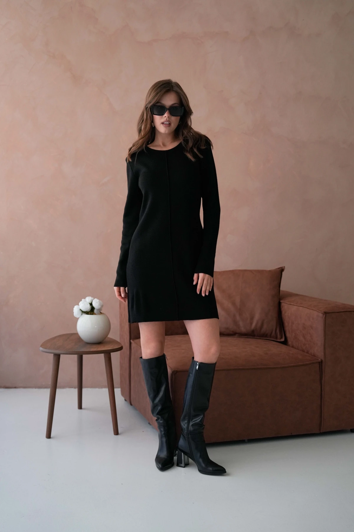 Kadın Bisiklet Yaka Midi Boy Yumuşak Dokulu Basic Triko Elbise 12027