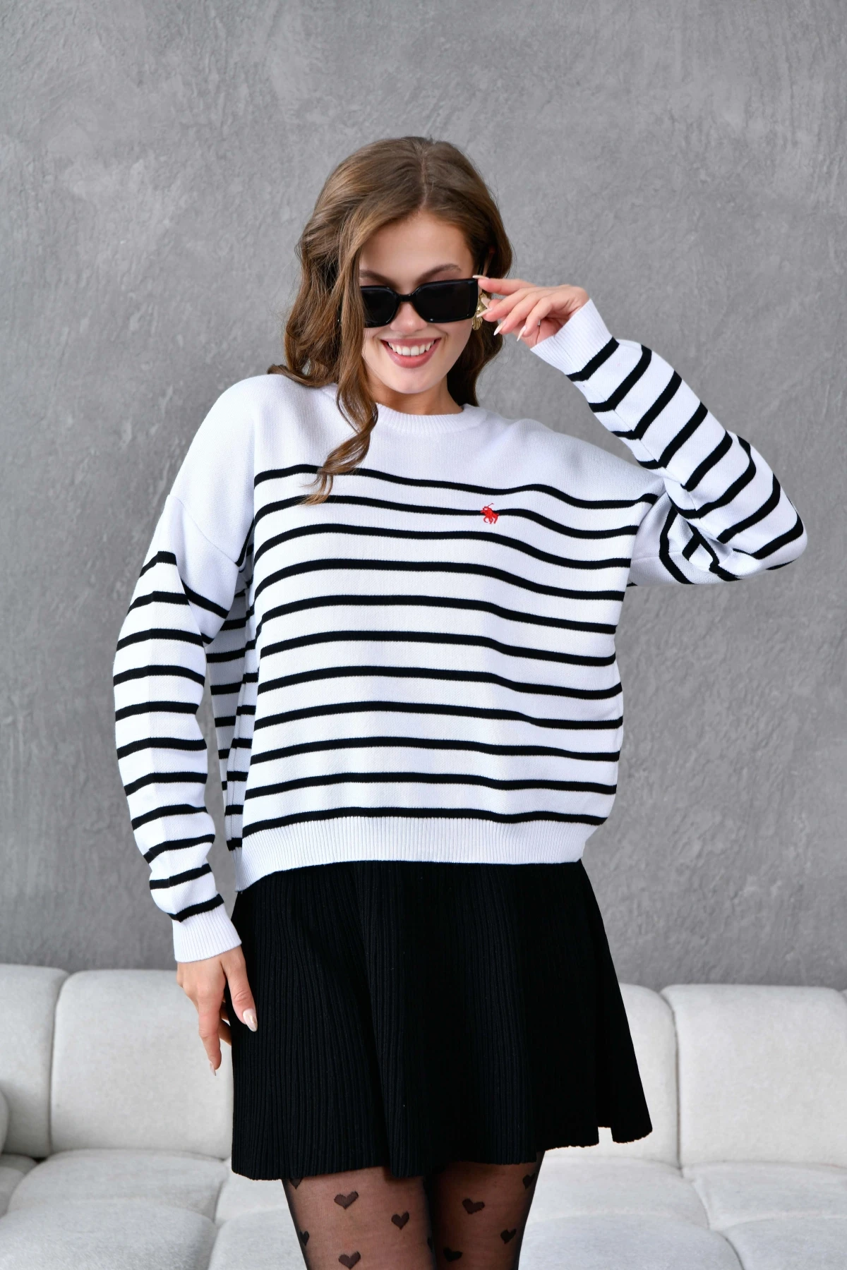 Kadın Bisiklet Yaka Nakış Detaylı Çizgili Triko Kazak 10272.Ctn