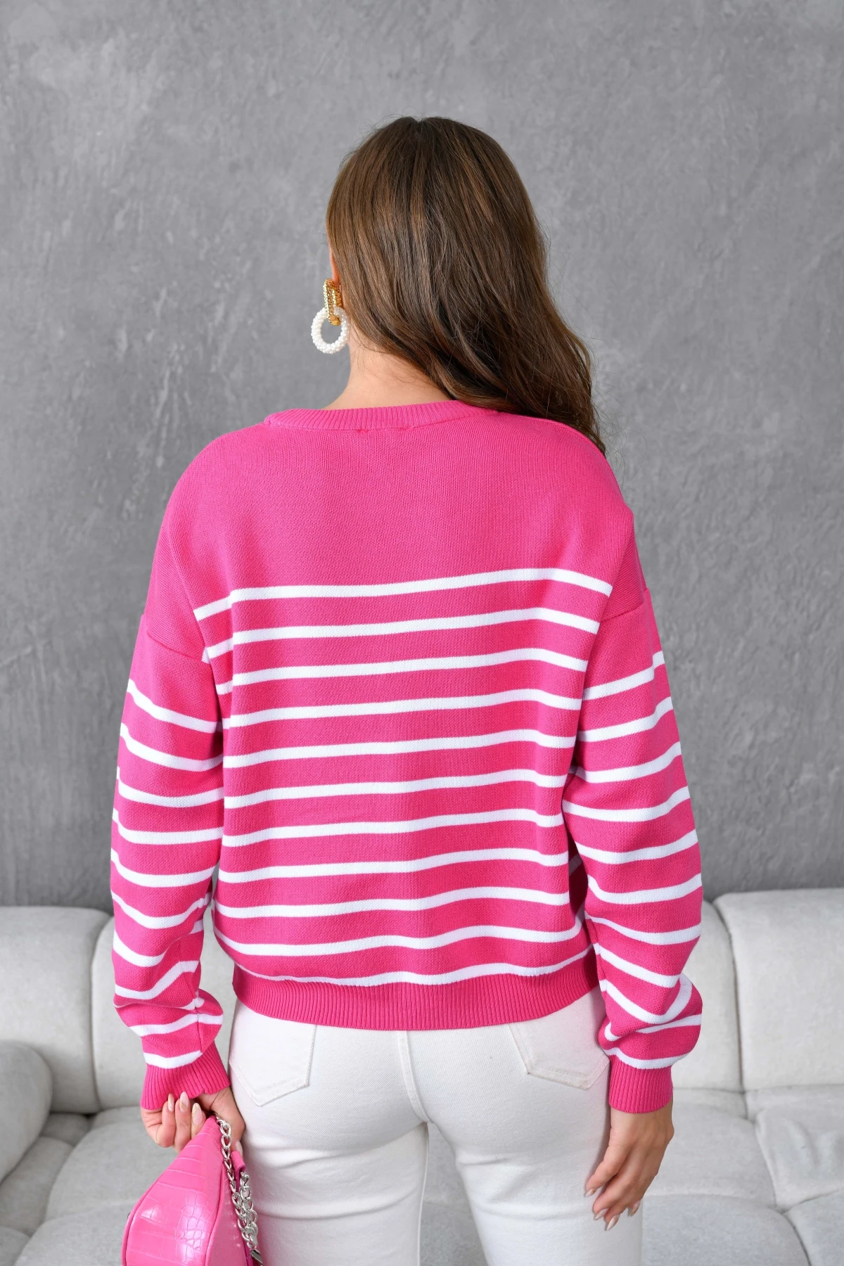 Kadın Bisiklet Yaka Nakış Detaylı Çizgili Triko Kazak 10272.Ctn