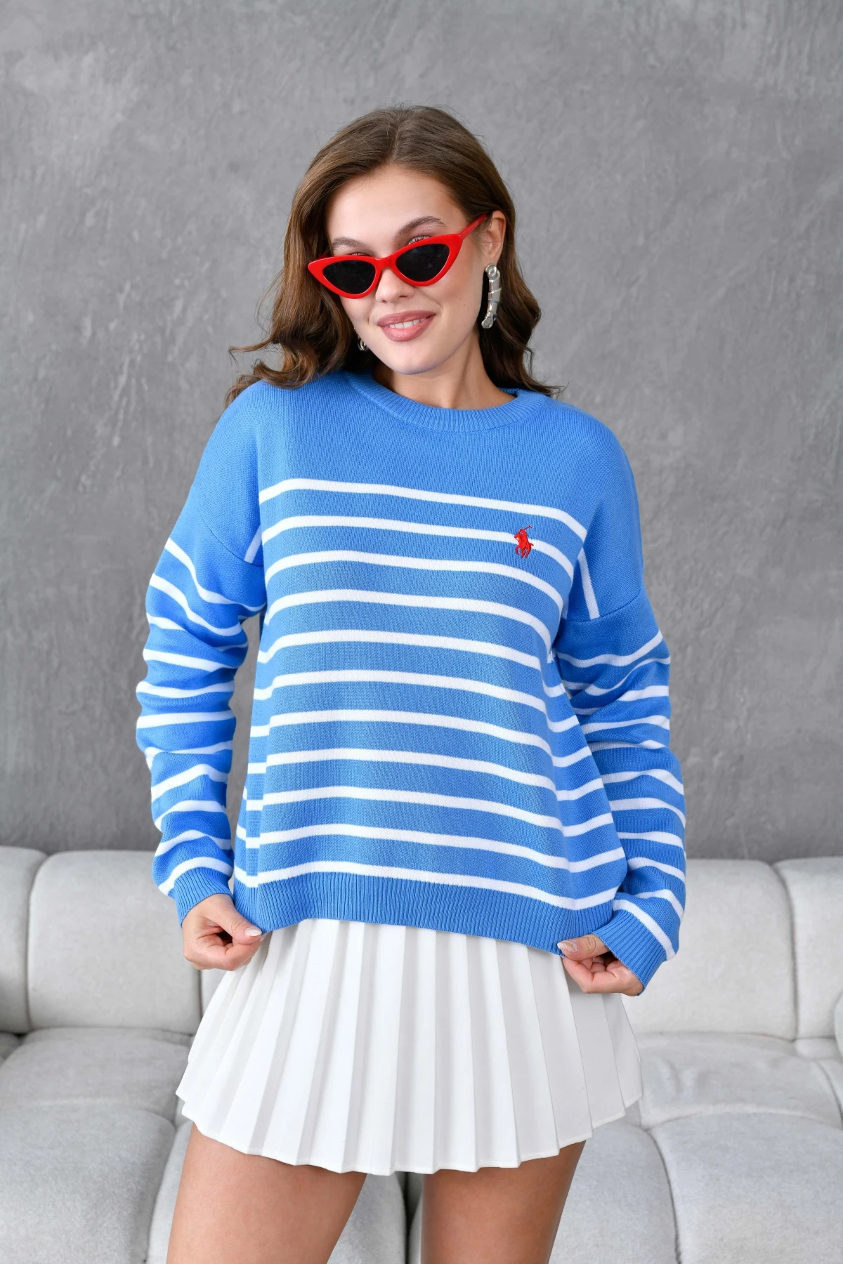 Kadın Bisiklet Yaka Nakış Detaylı Çizgili Triko Kazak 10272.Ctn